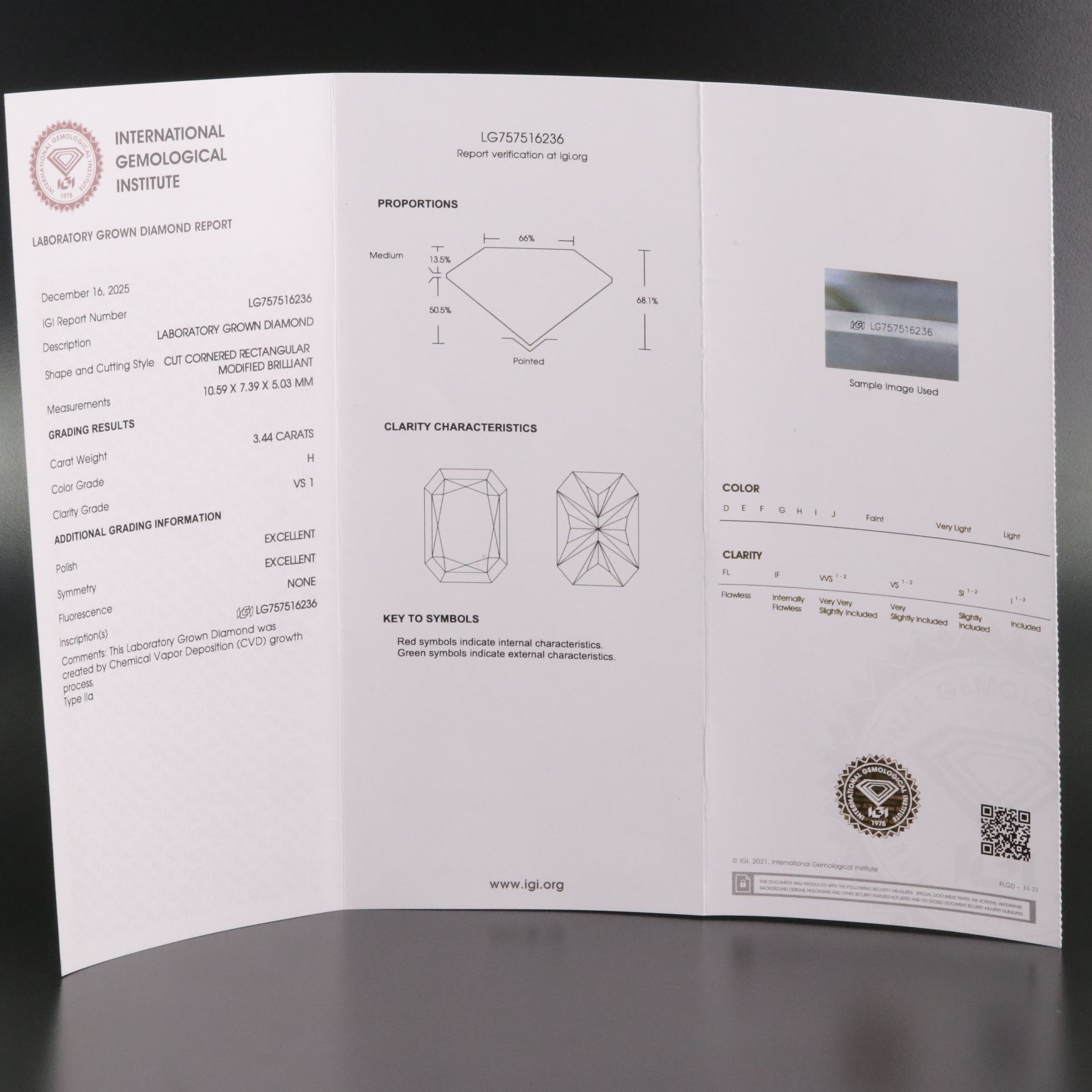 Loose 3.44 CT Lab Grown Diamond with IGI Report