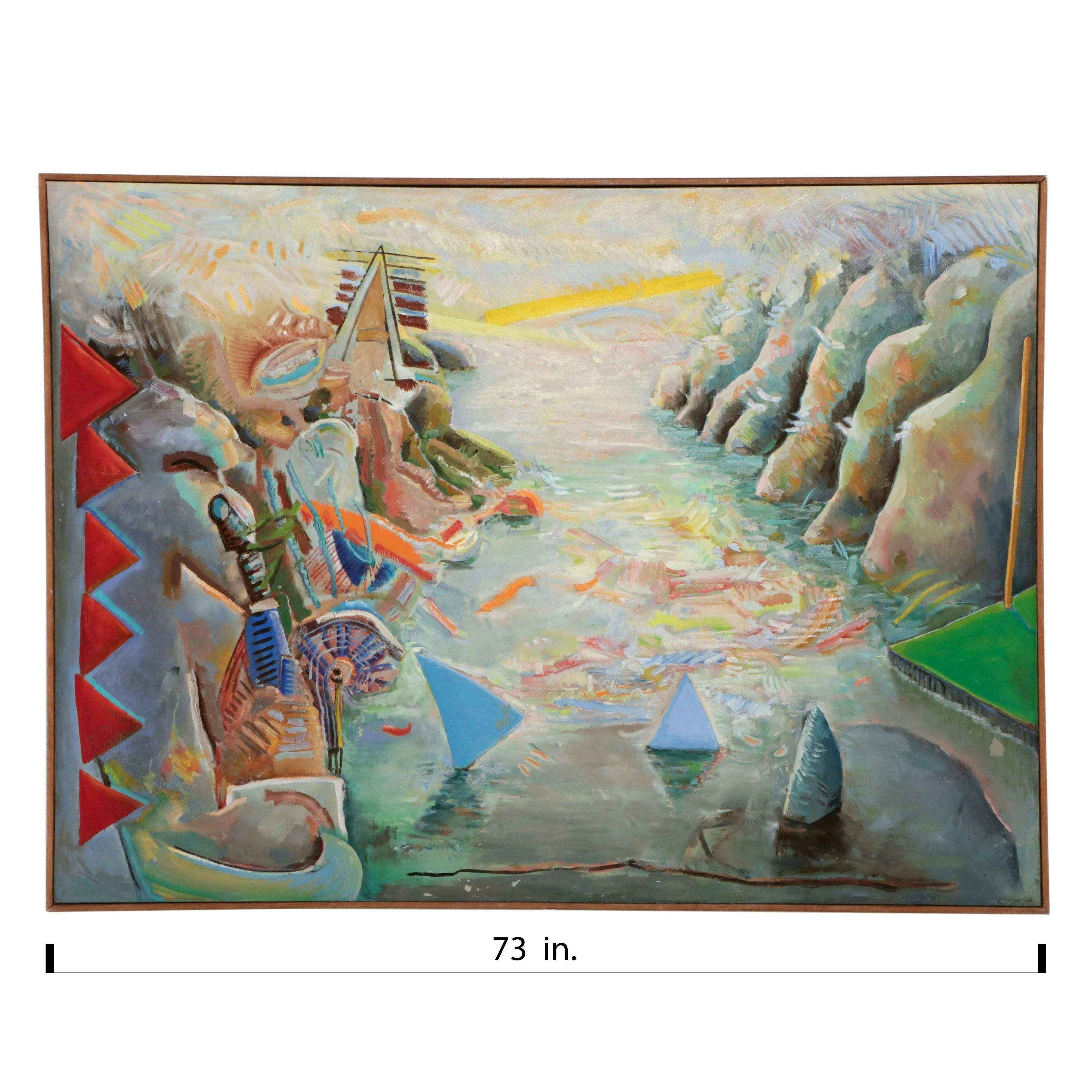Monumental Acrylic Painting Abstracted River Landscape, 1980