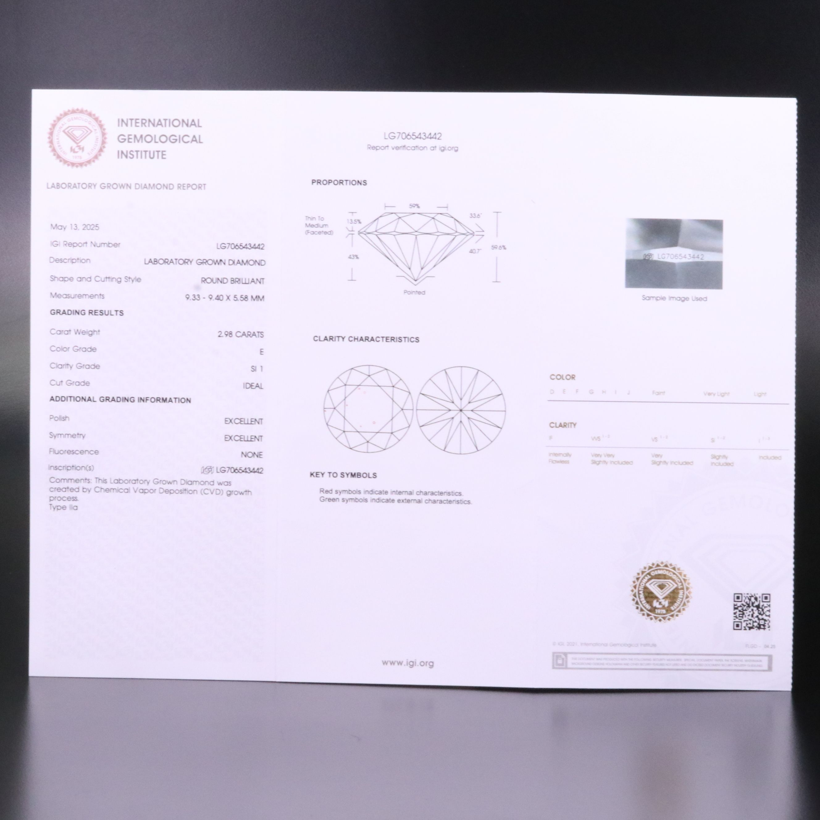 Loose 2.98 CT Lab Grown Diamond with IGI Report