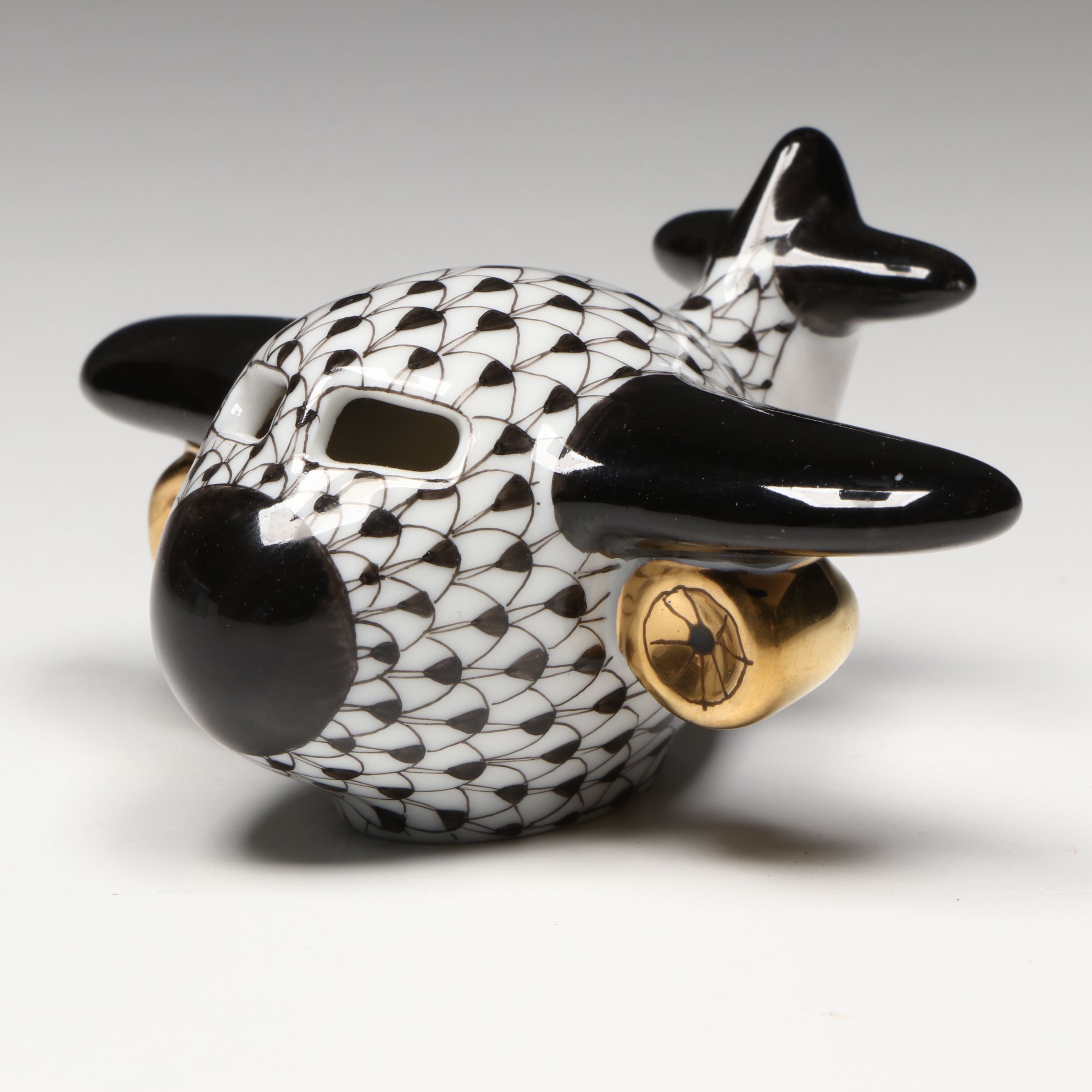 Herend Black Fishnet with Gold "Airplane" Porcelain Figurine