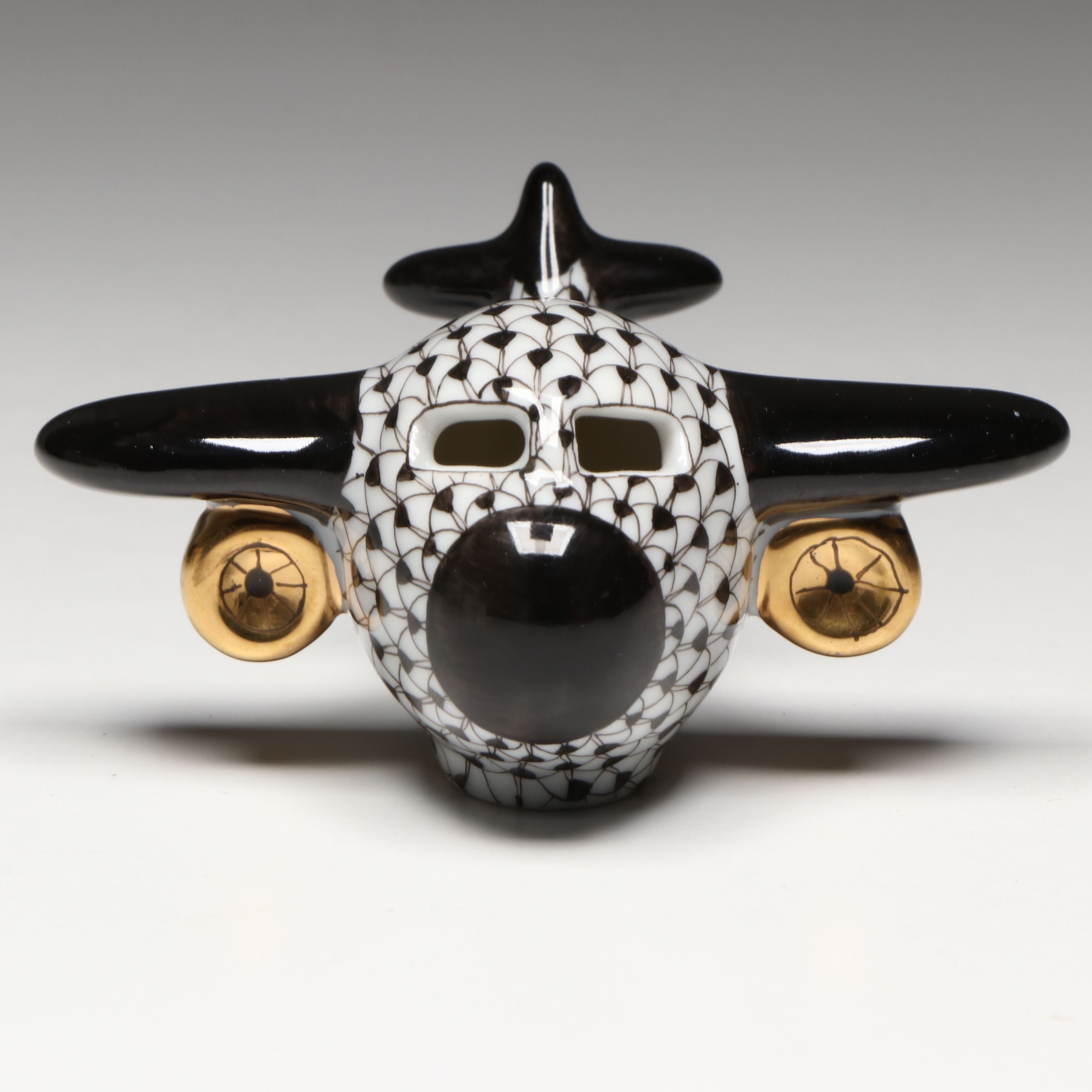 Herend Black Fishnet with Gold "Airplane" Porcelain Figurine