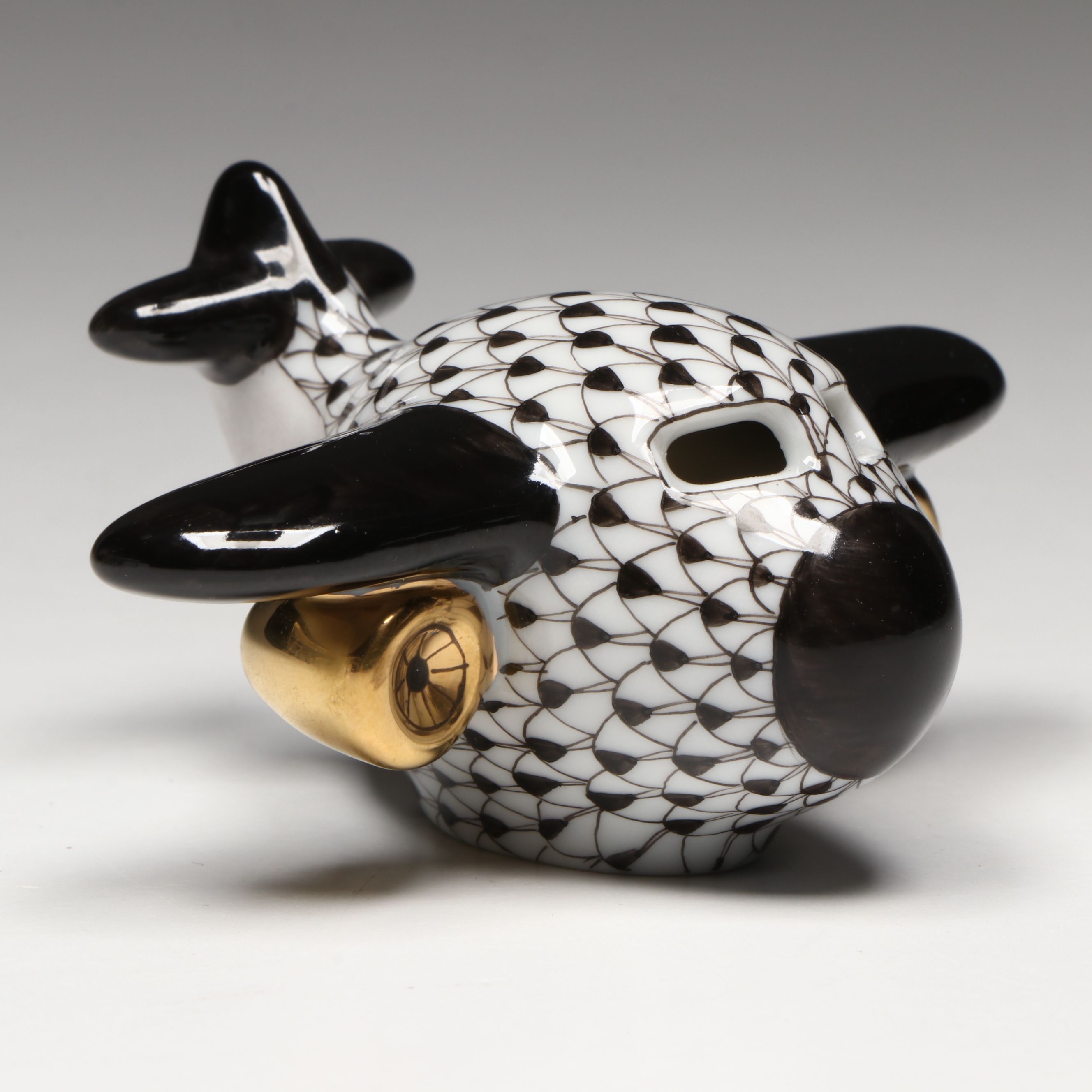 Herend Black Fishnet with Gold "Airplane" Porcelain Figurine