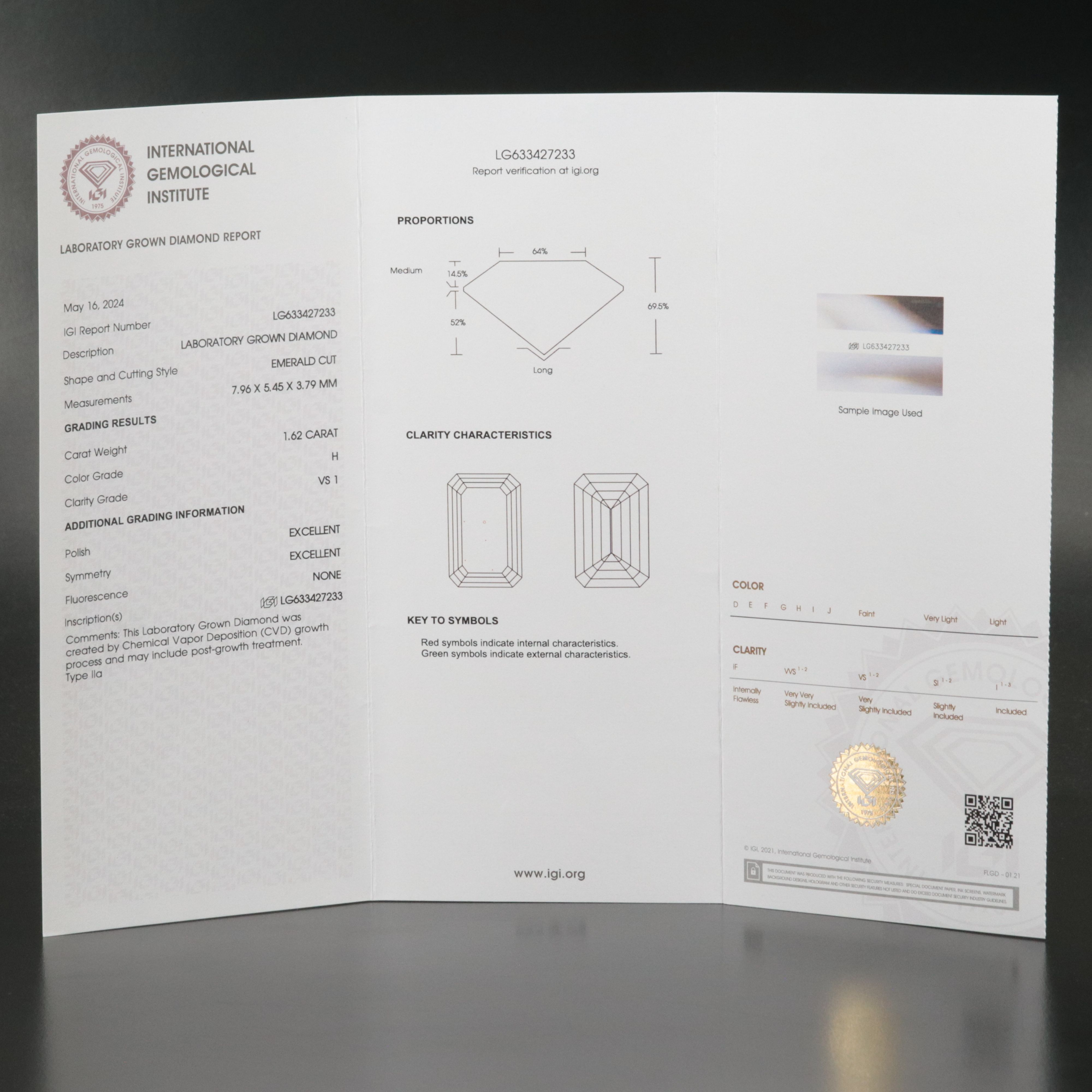 Loose 1.62 CT Lab Grown Diamond with IGI Report