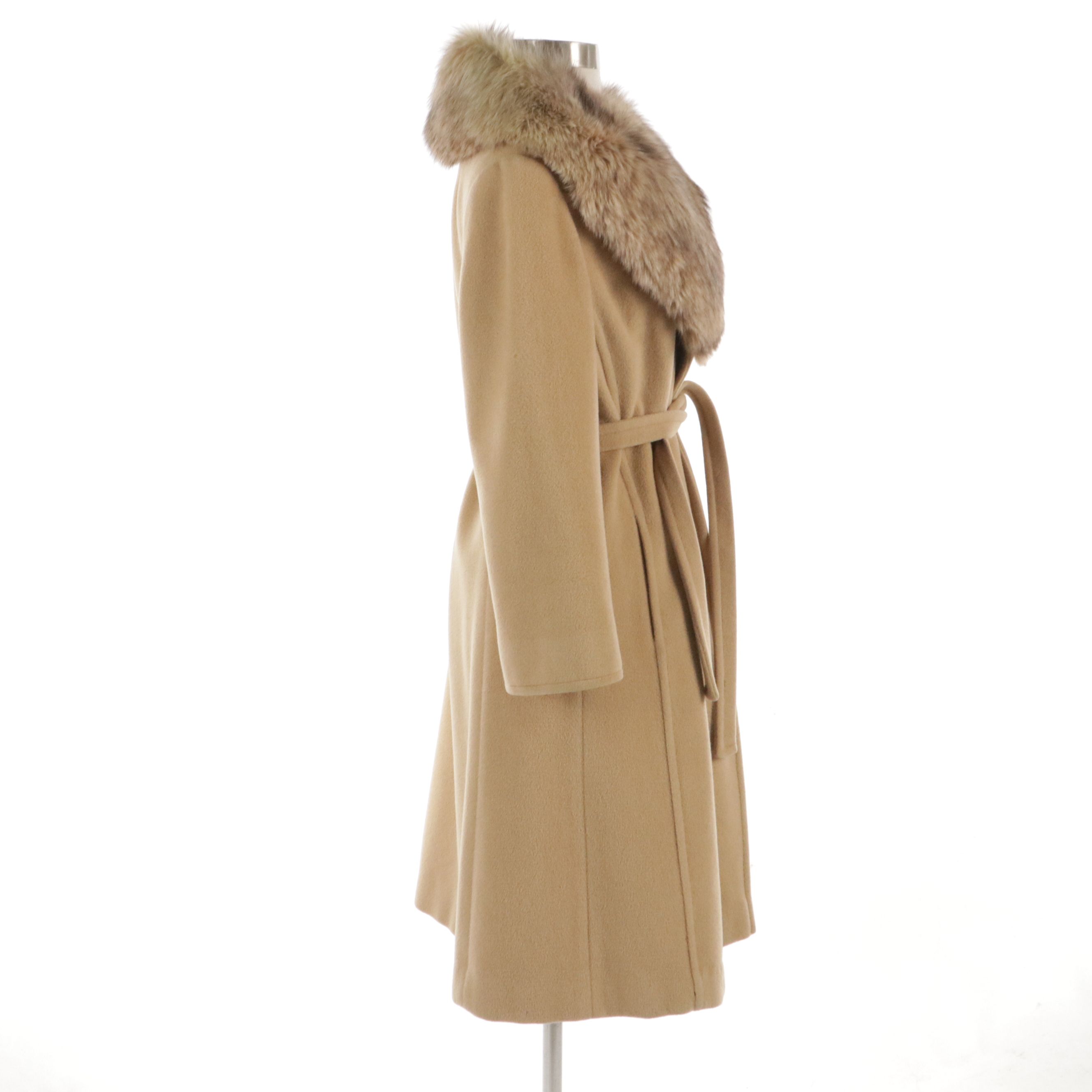Sincerely Gidding Jenny Tan Merino Wool Belted Coat with Fox Fur Trim