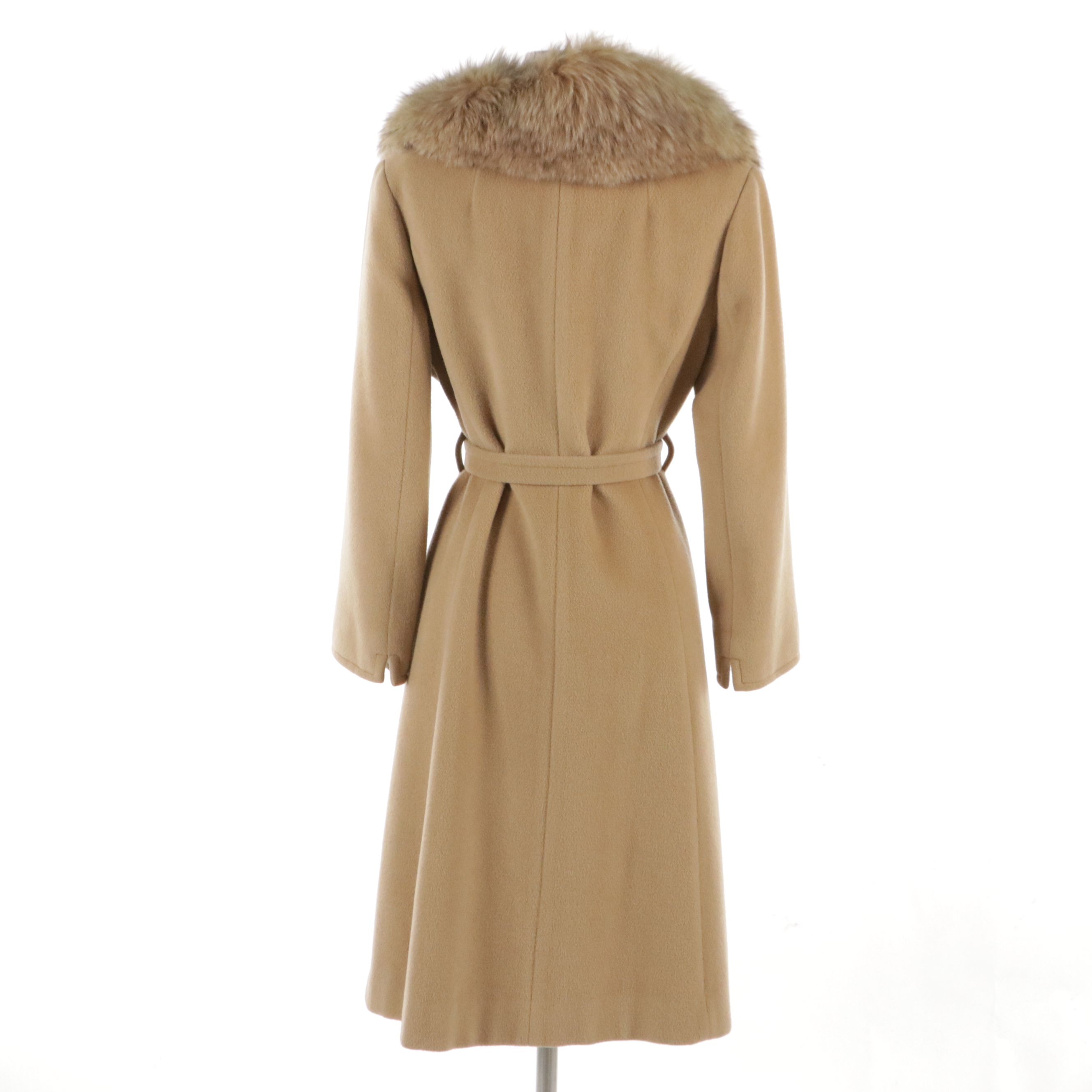 Sincerely Gidding Jenny Tan Merino Wool Belted Coat with Fox Fur Trim