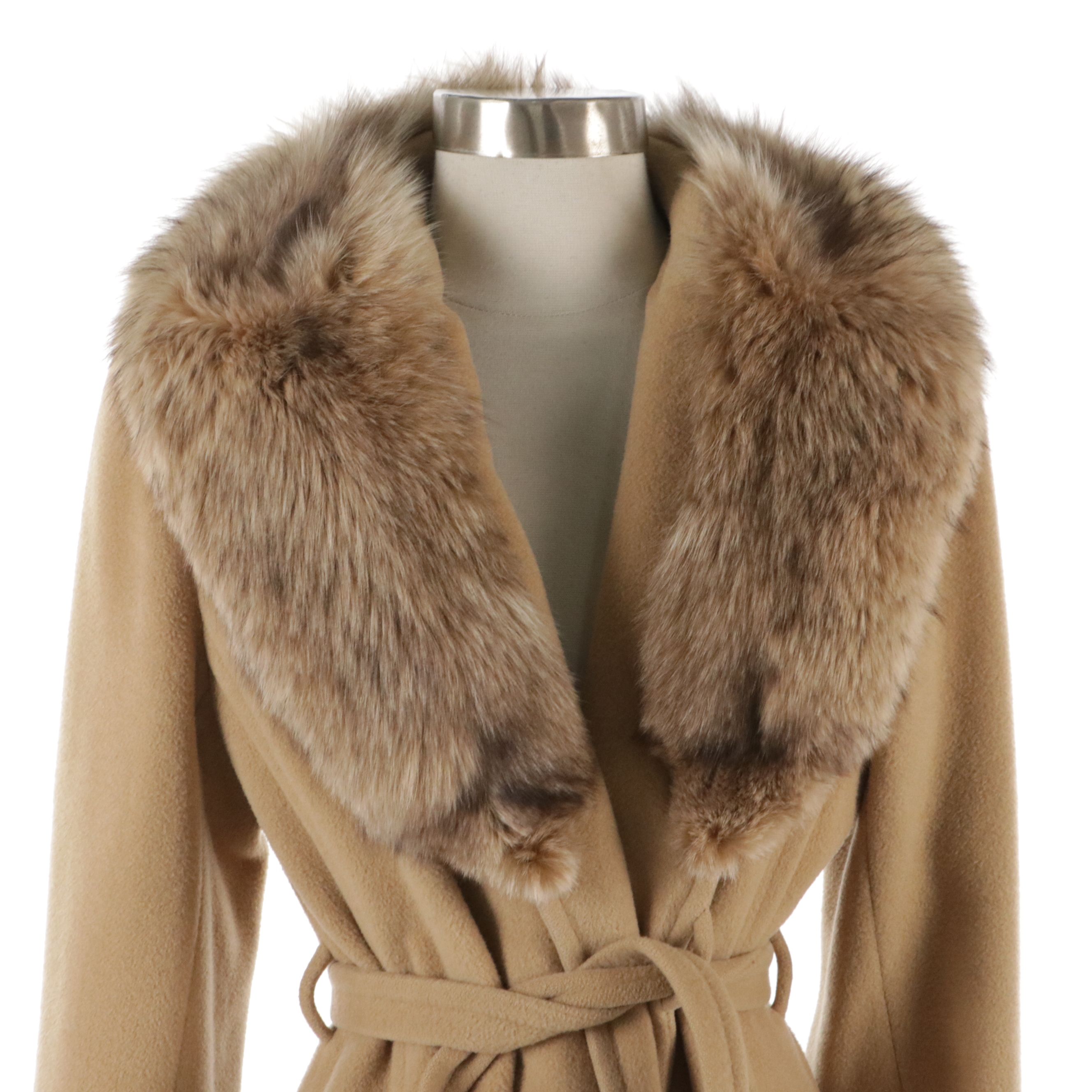 Sincerely Gidding Jenny Tan Merino Wool Belted Coat with Fox Fur Trim