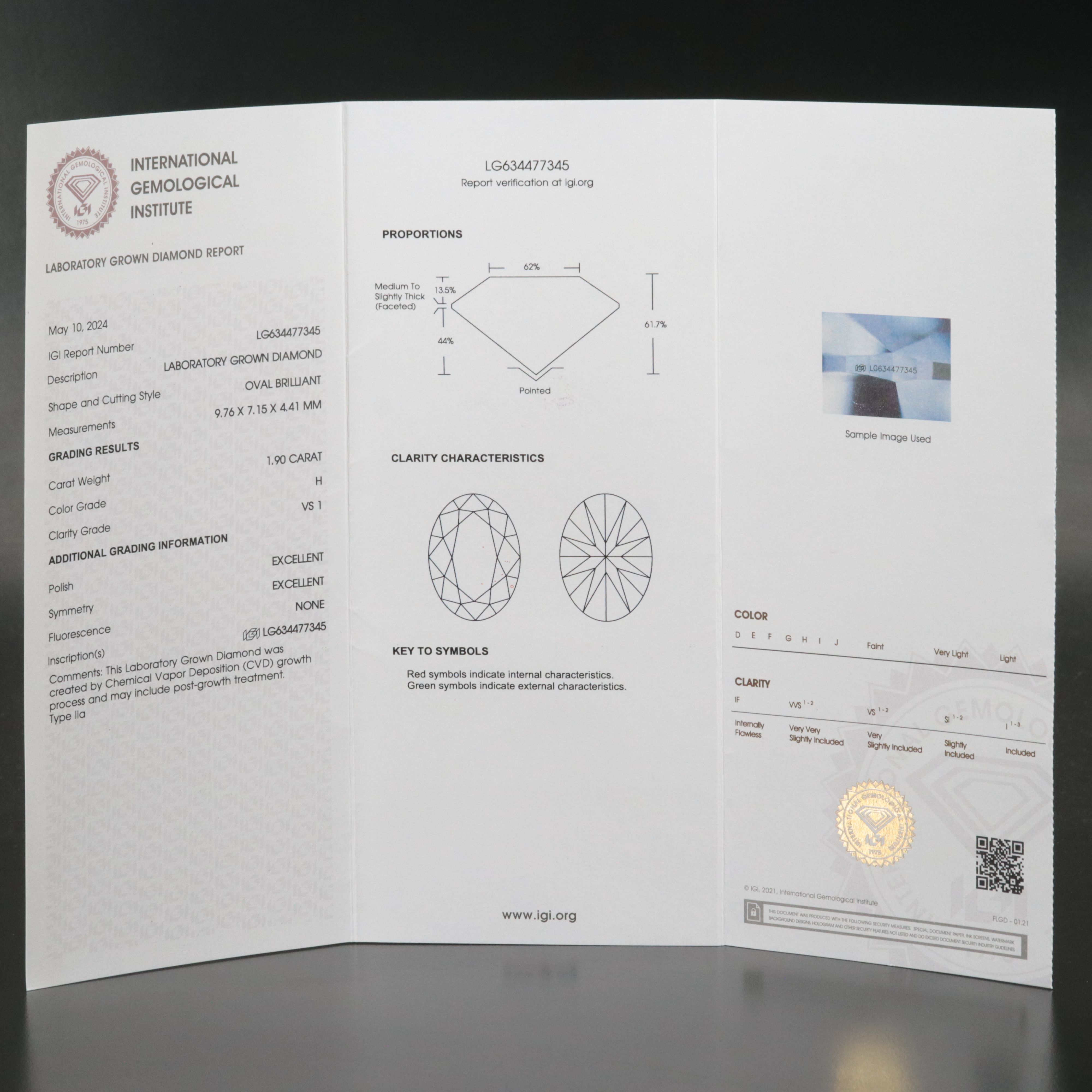 Loose 1.90 CT Lab Grown Diamond with IGI Report