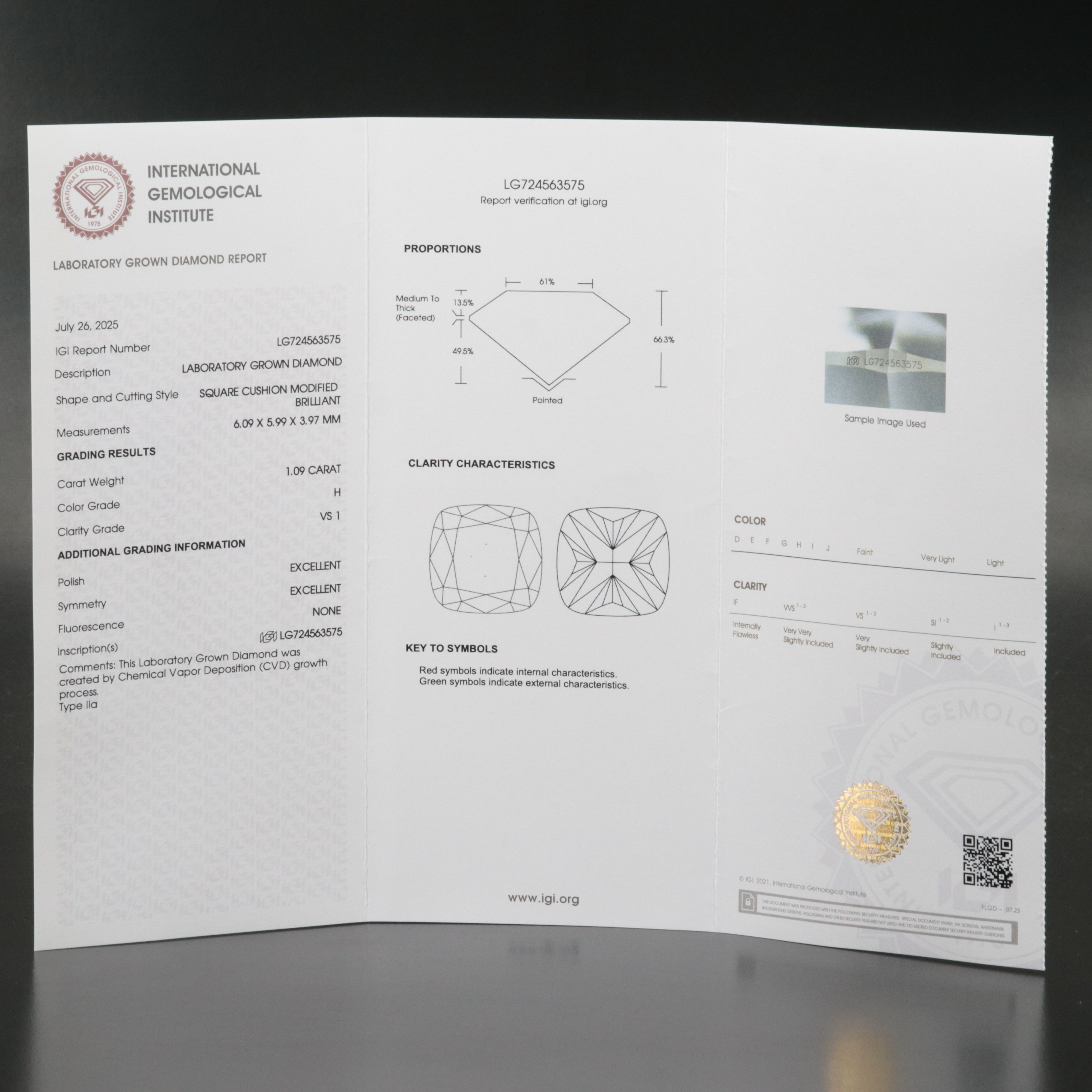 Loose 1.09 CT Lab Grown Diamond with IGI Report