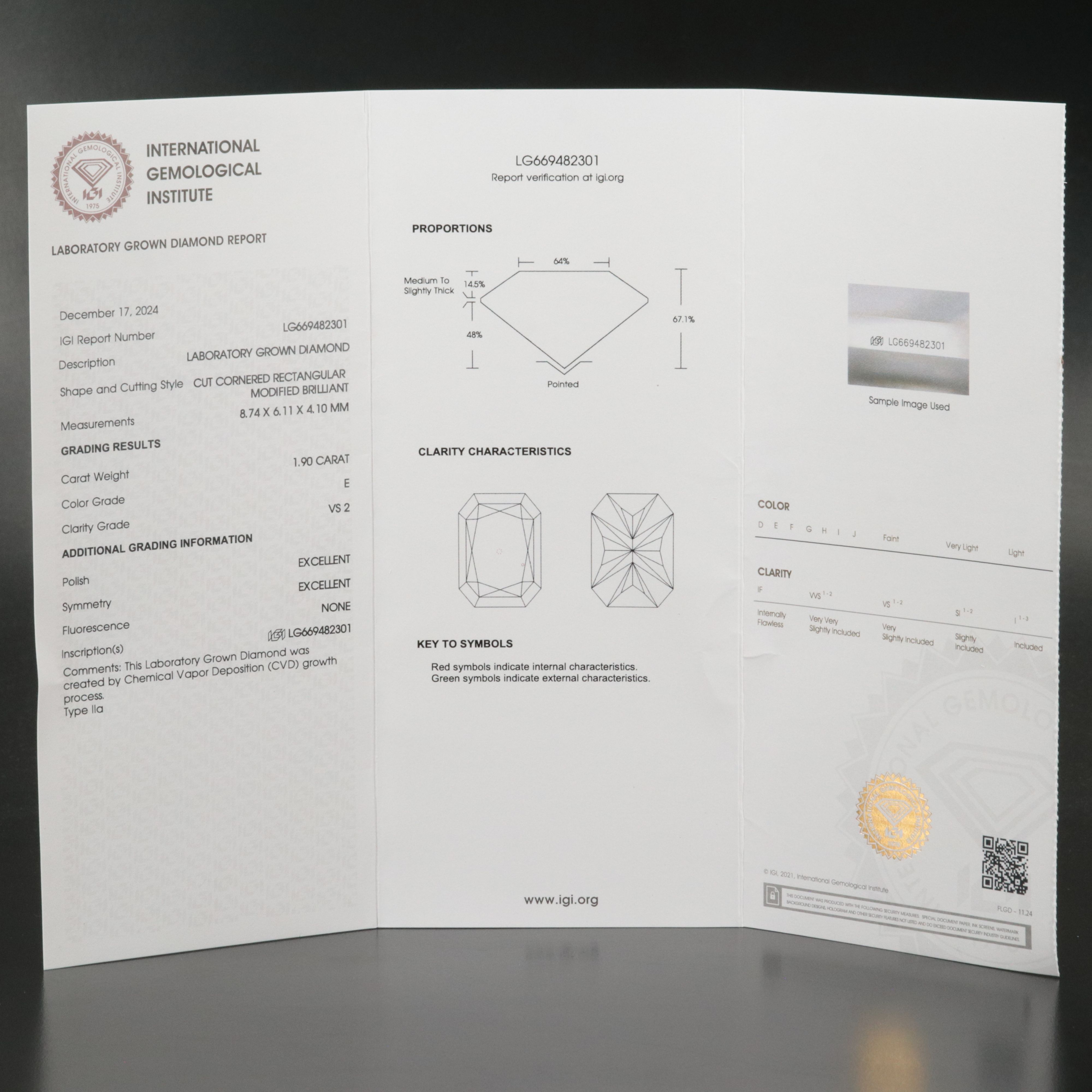 Loose 1.90 CT Lab Grown Diamond with IGI Report
