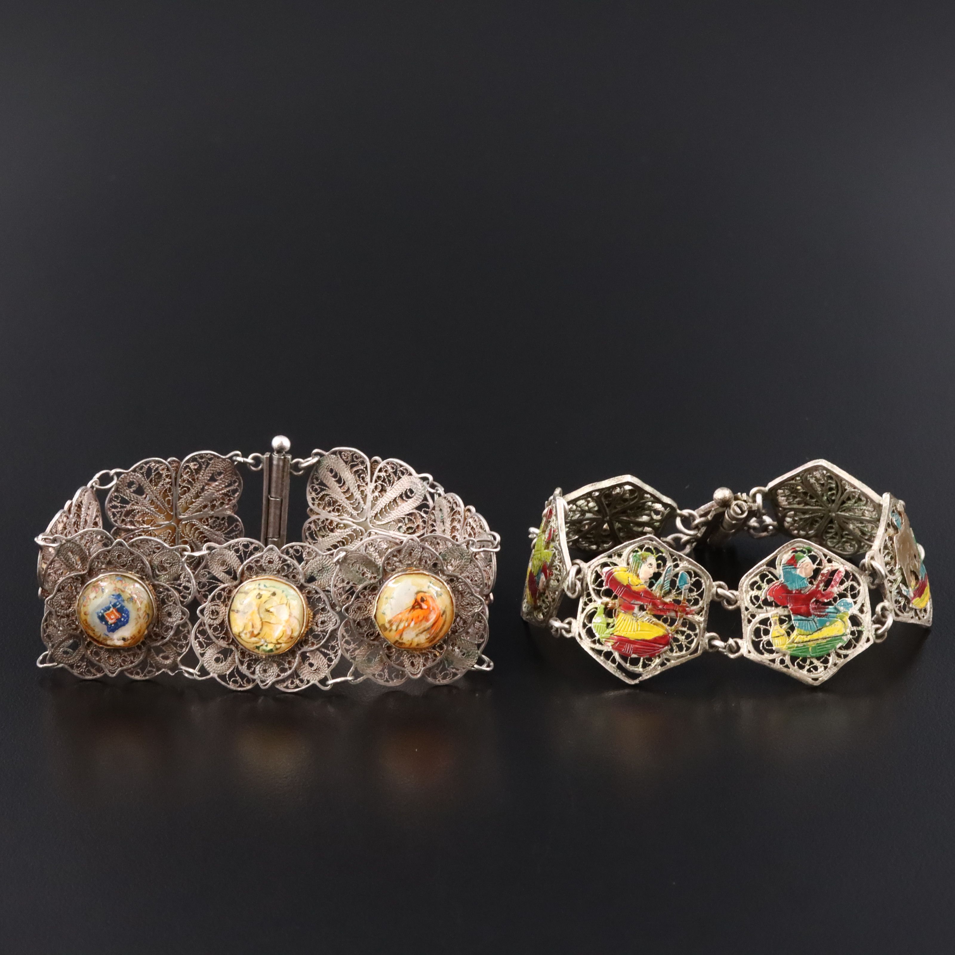 Persian Sterling Shell & Egyptian 800 Silver Handpainted Filigree Bracelets