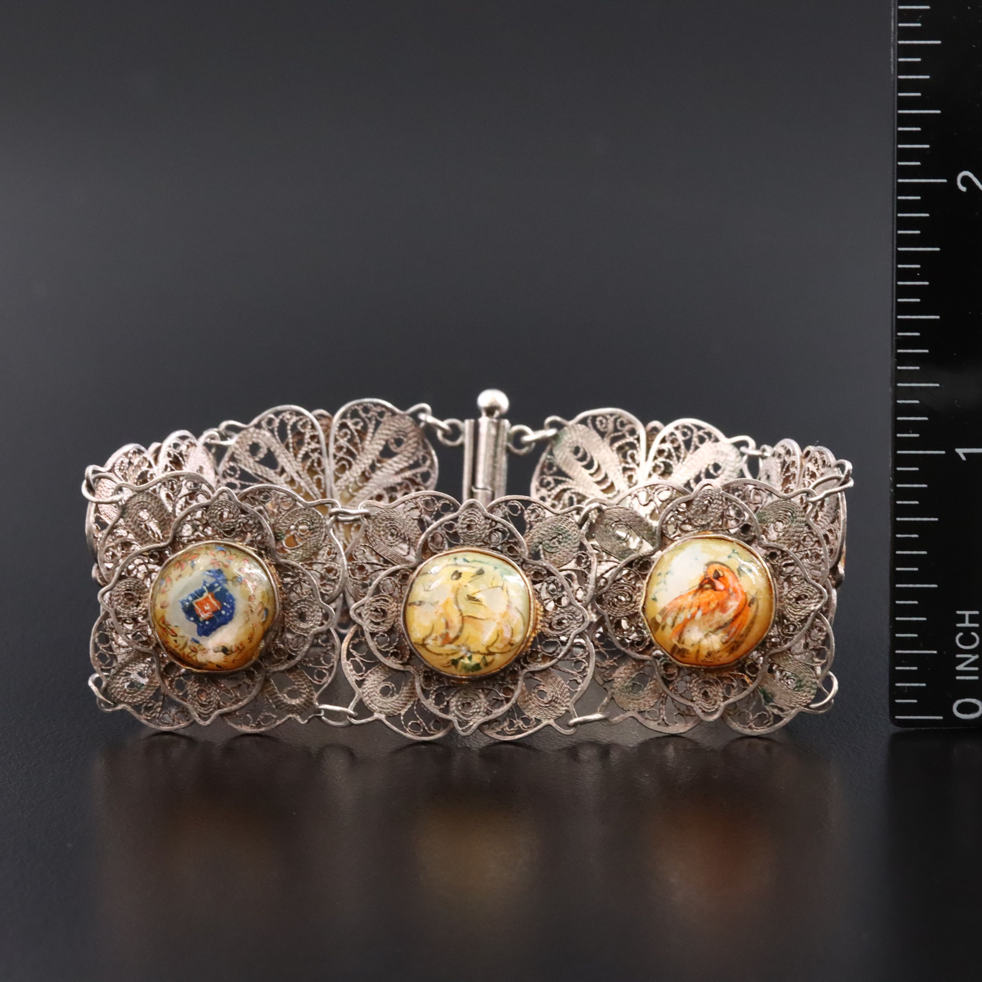 Persian Sterling Shell & Egyptian 800 Silver Handpainted Filigree Bracelets