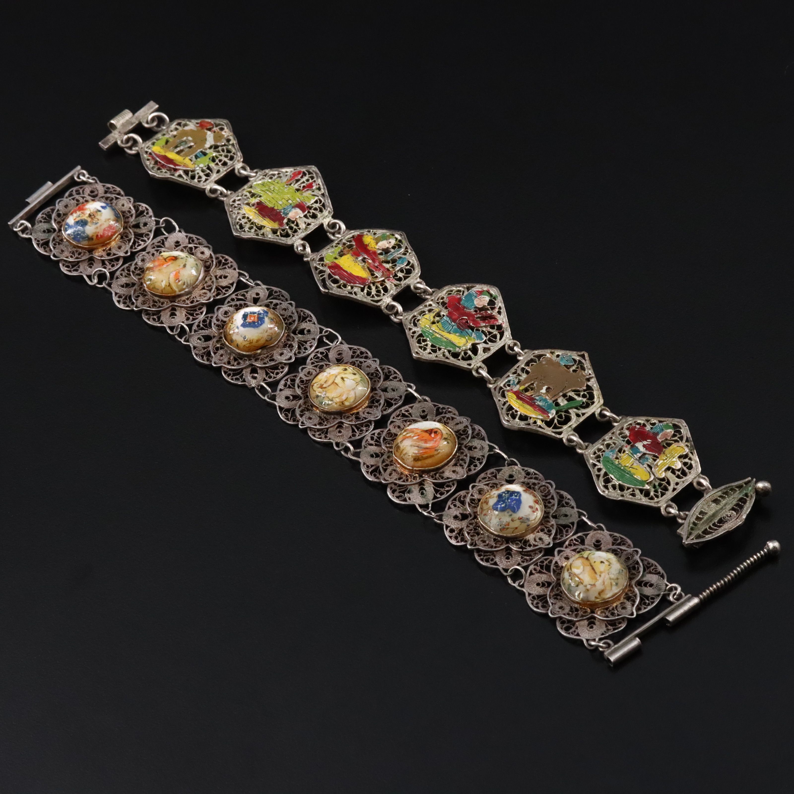 Persian Sterling Shell & Egyptian 800 Silver Handpainted Filigree Bracelets