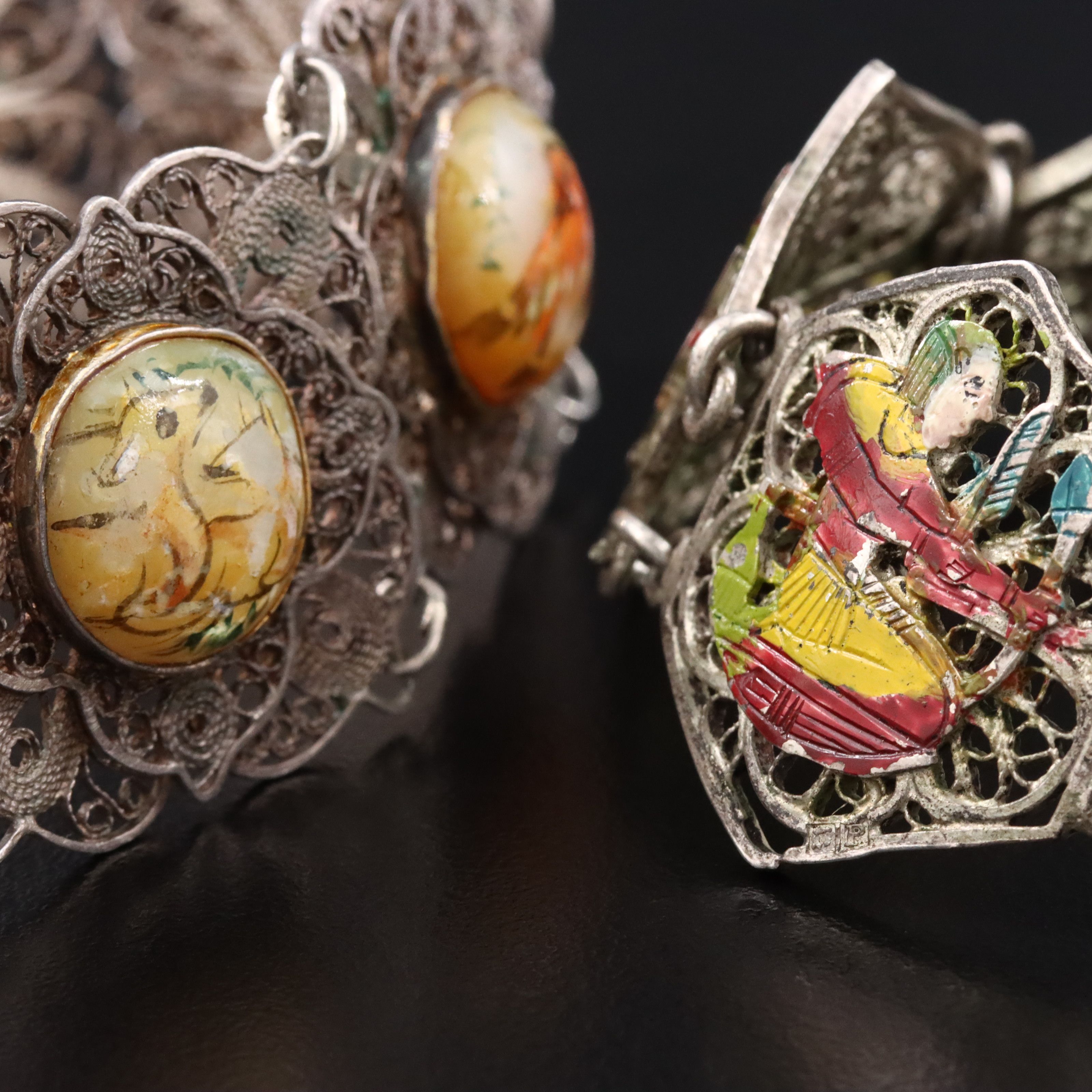 Persian Sterling Shell & Egyptian 800 Silver Handpainted Filigree Bracelets