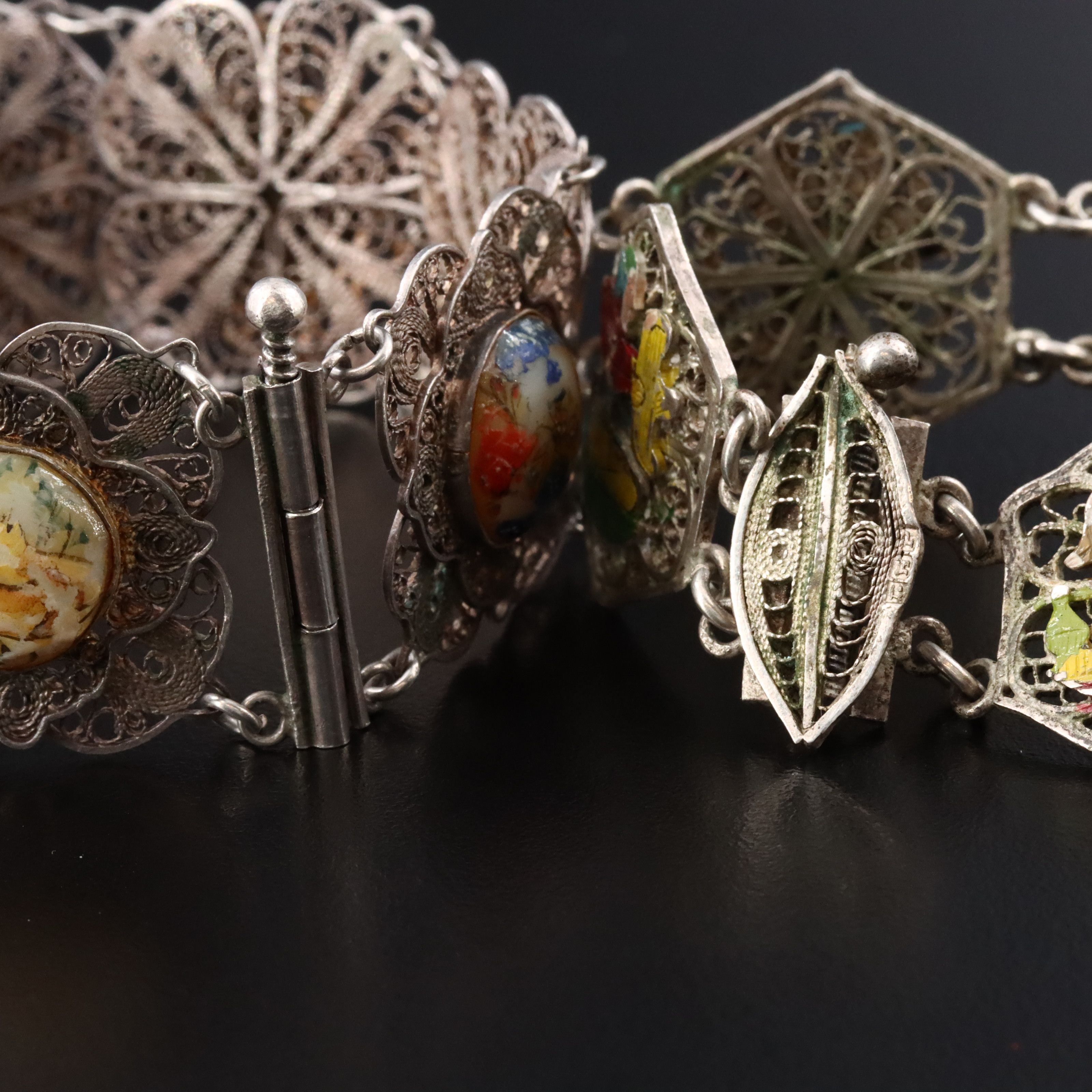 Persian Sterling Shell & Egyptian 800 Silver Handpainted Filigree Bracelets