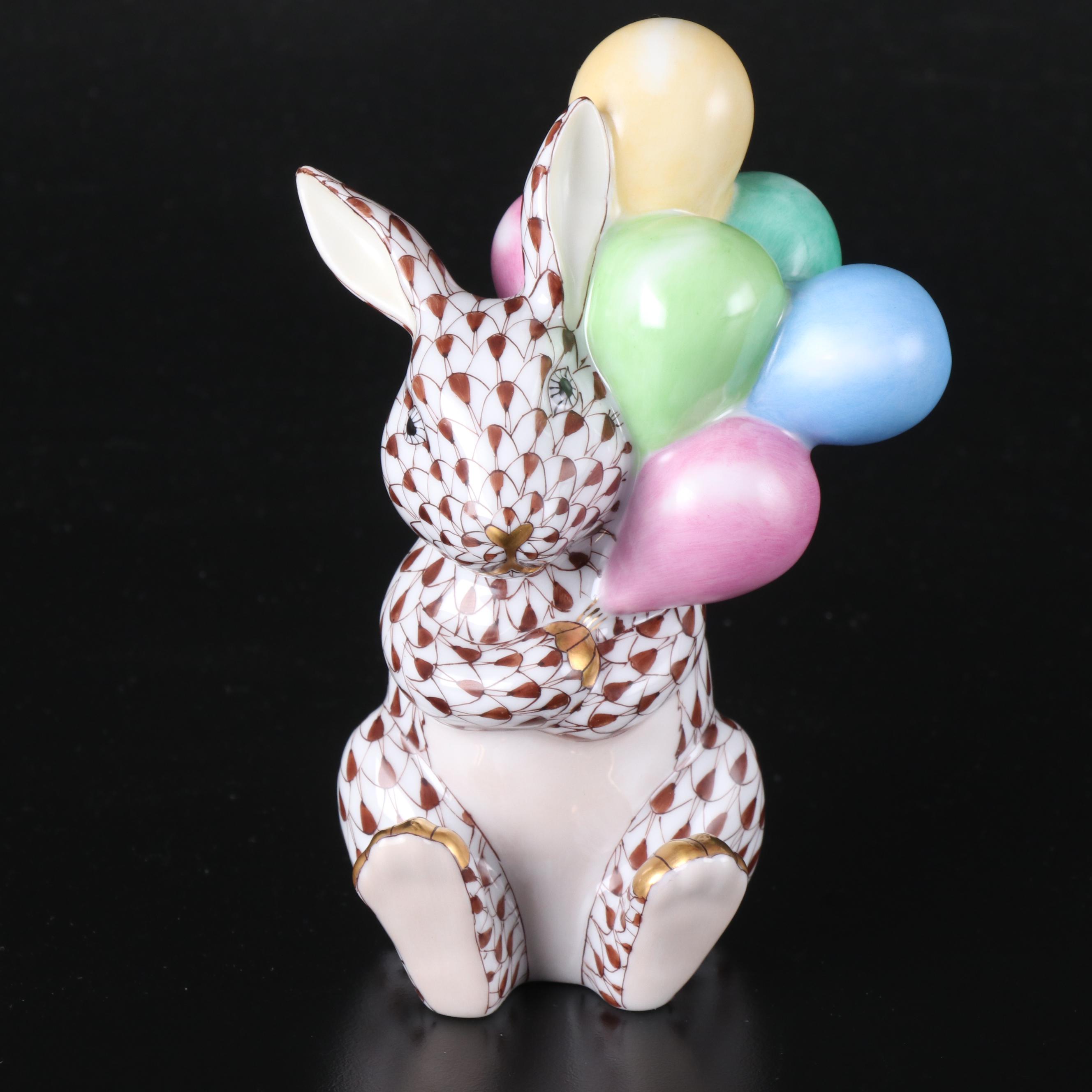 Herend Chocolate Fishnet with Gold "Balloon Bunny" Porcelain Figurine