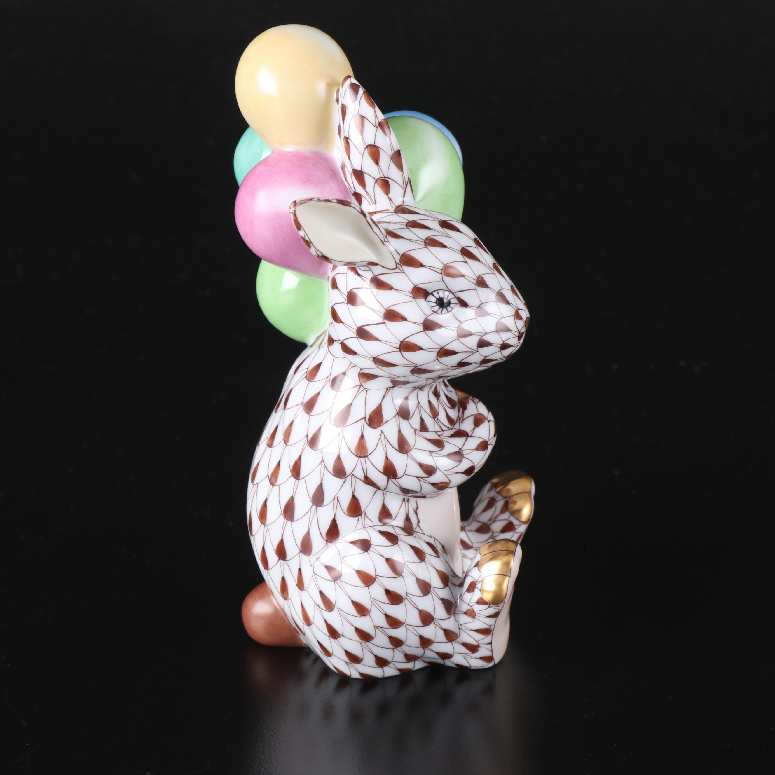 Herend Chocolate Fishnet with Gold "Balloon Bunny" Porcelain Figurine