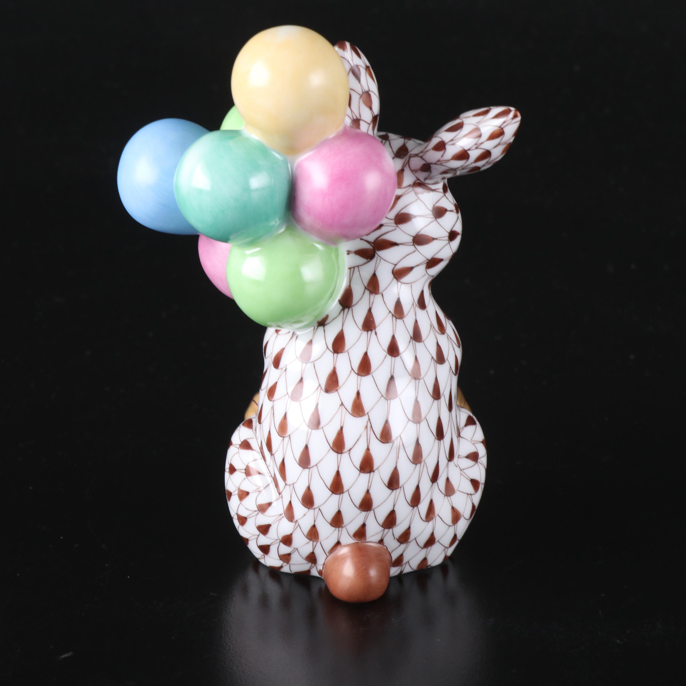 Herend Chocolate Fishnet with Gold "Balloon Bunny" Porcelain Figurine