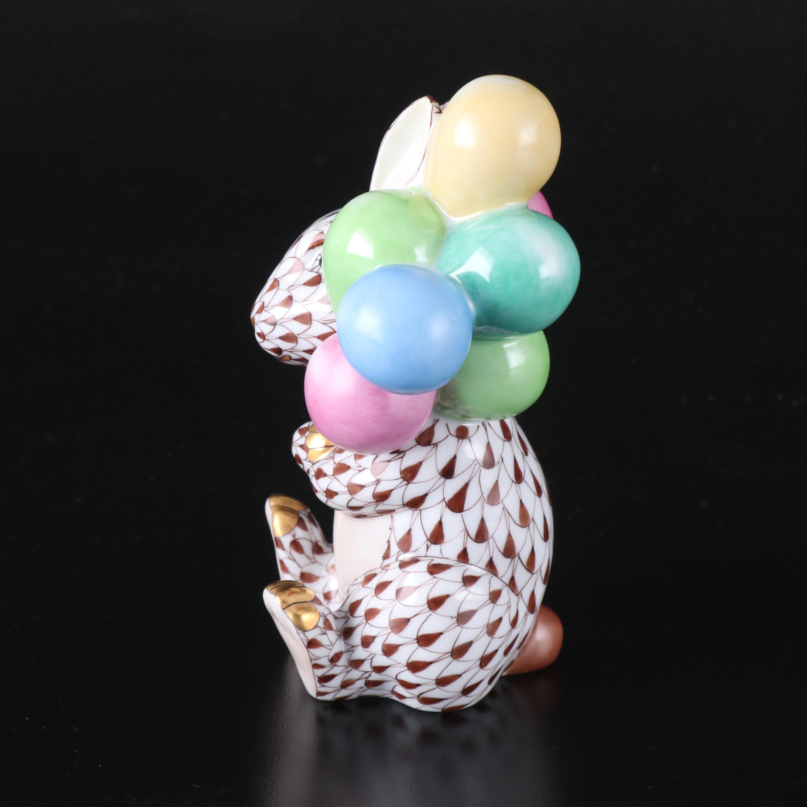 Herend Chocolate Fishnet with Gold "Balloon Bunny" Porcelain Figurine