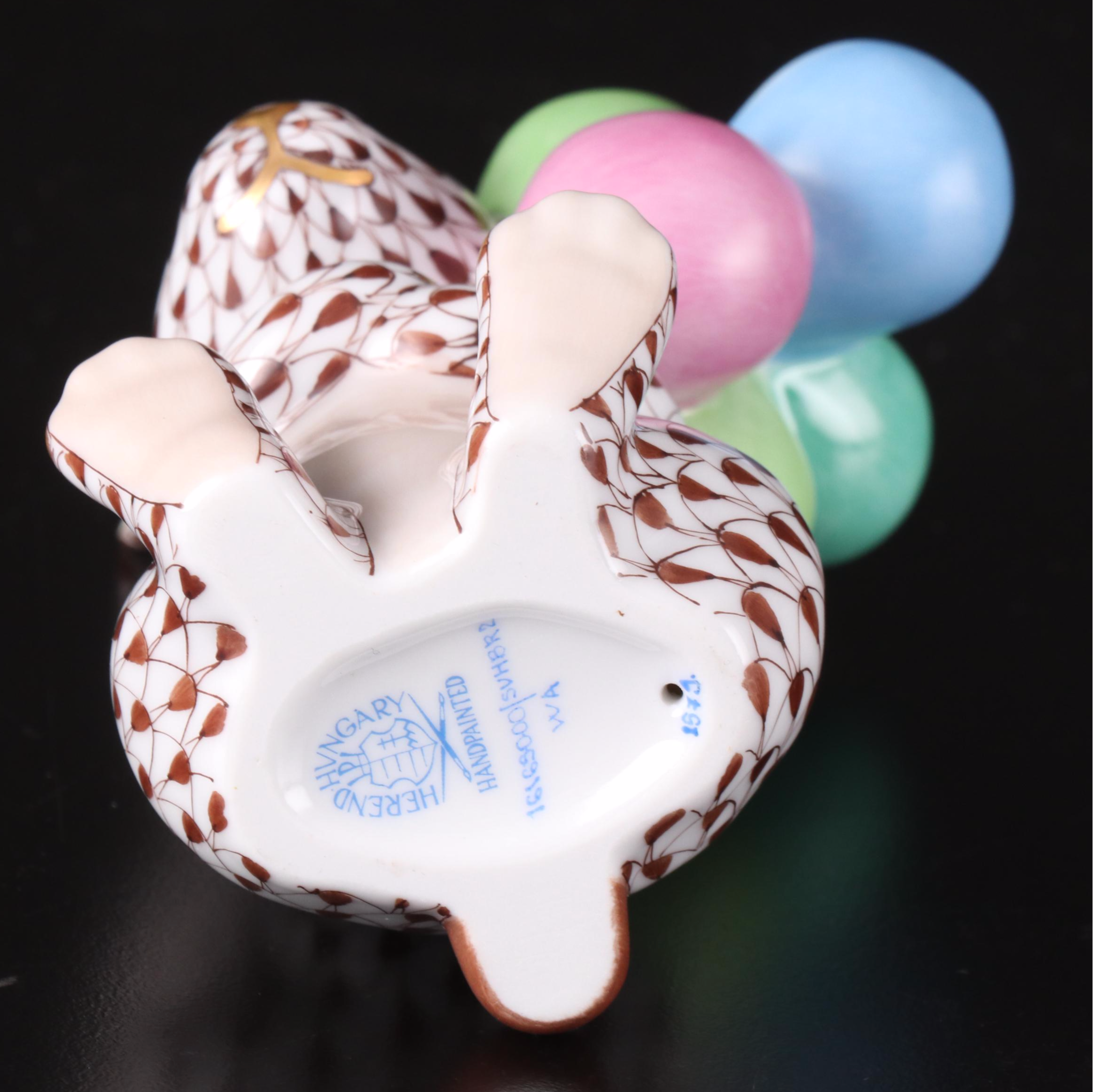 Herend Chocolate Fishnet with Gold "Balloon Bunny" Porcelain Figurine