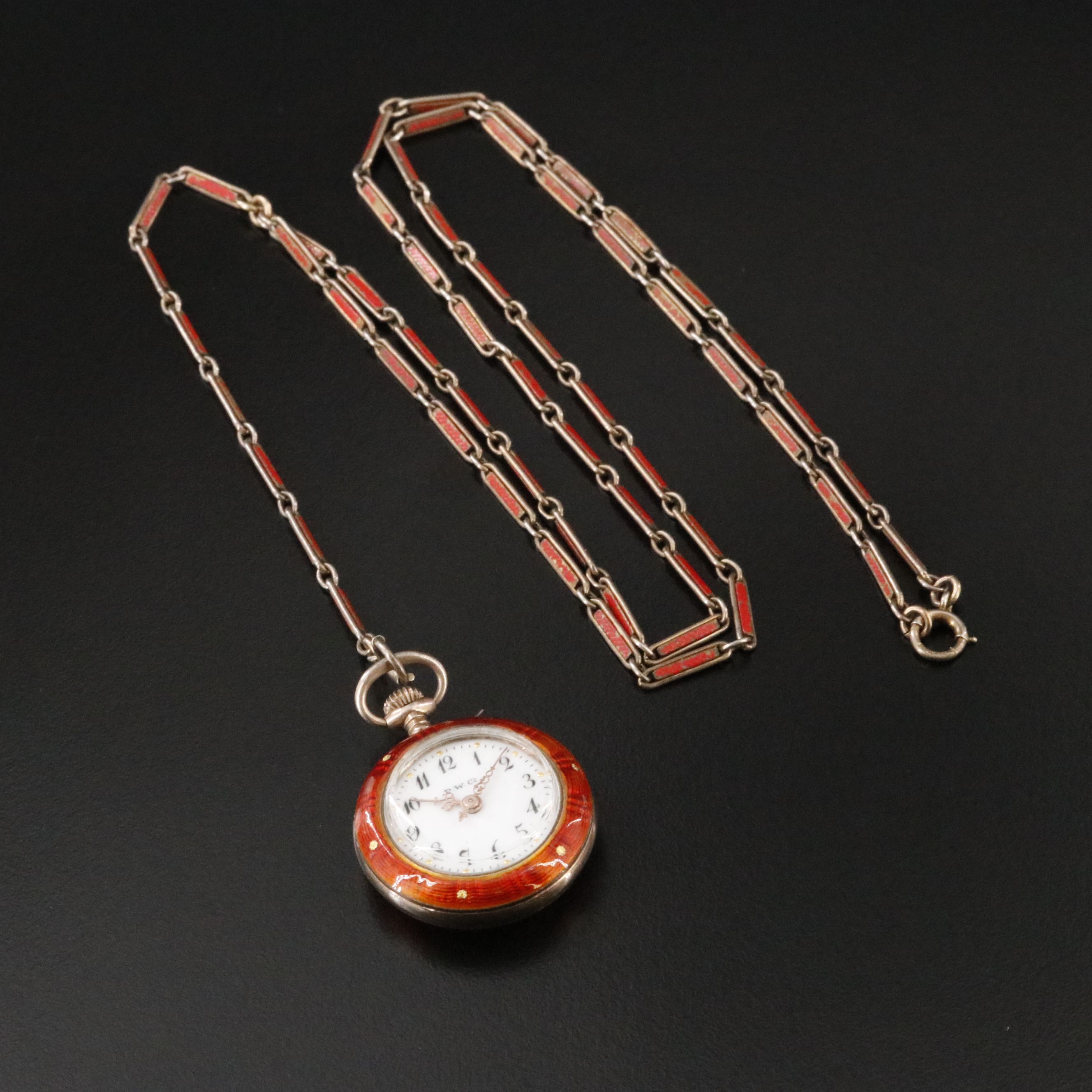P.W.Co. 800 Silver and Enamel Pendant Watch with Sterling and Enamel Chain