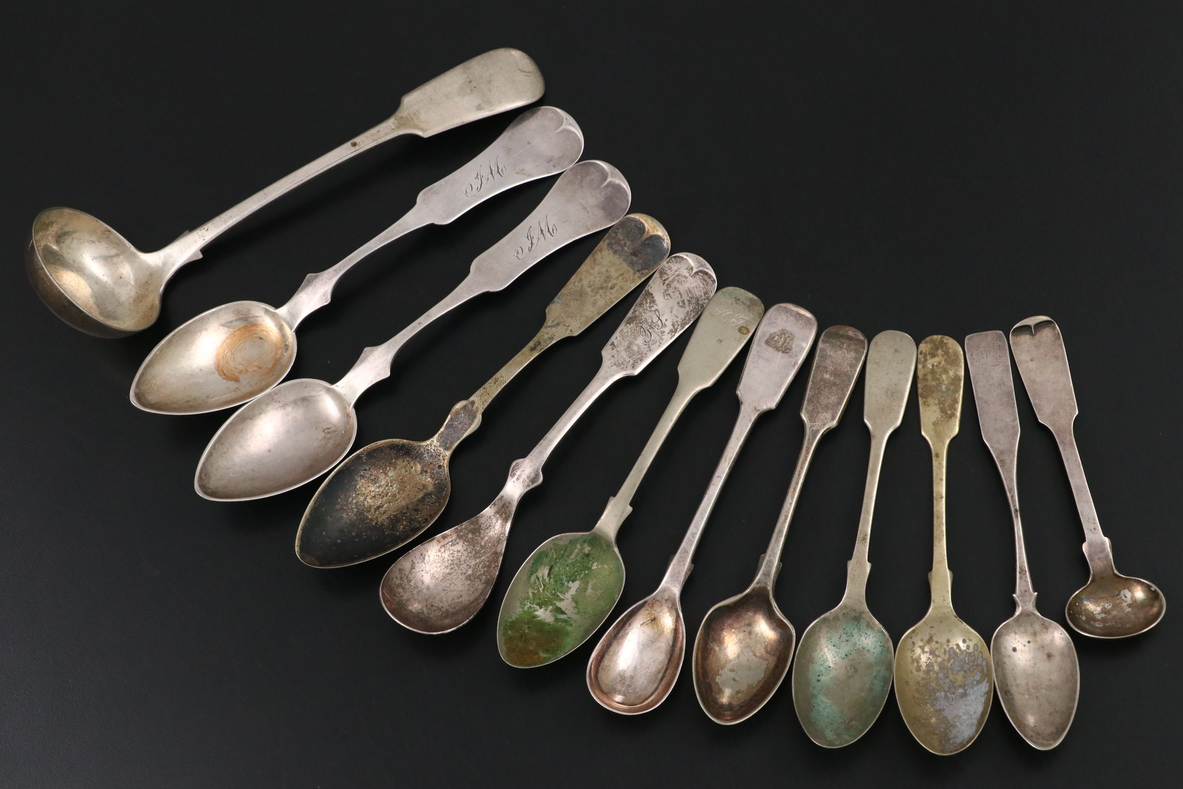 American Coin Silver and Other Fiddle Handled Spoons, 19th Century