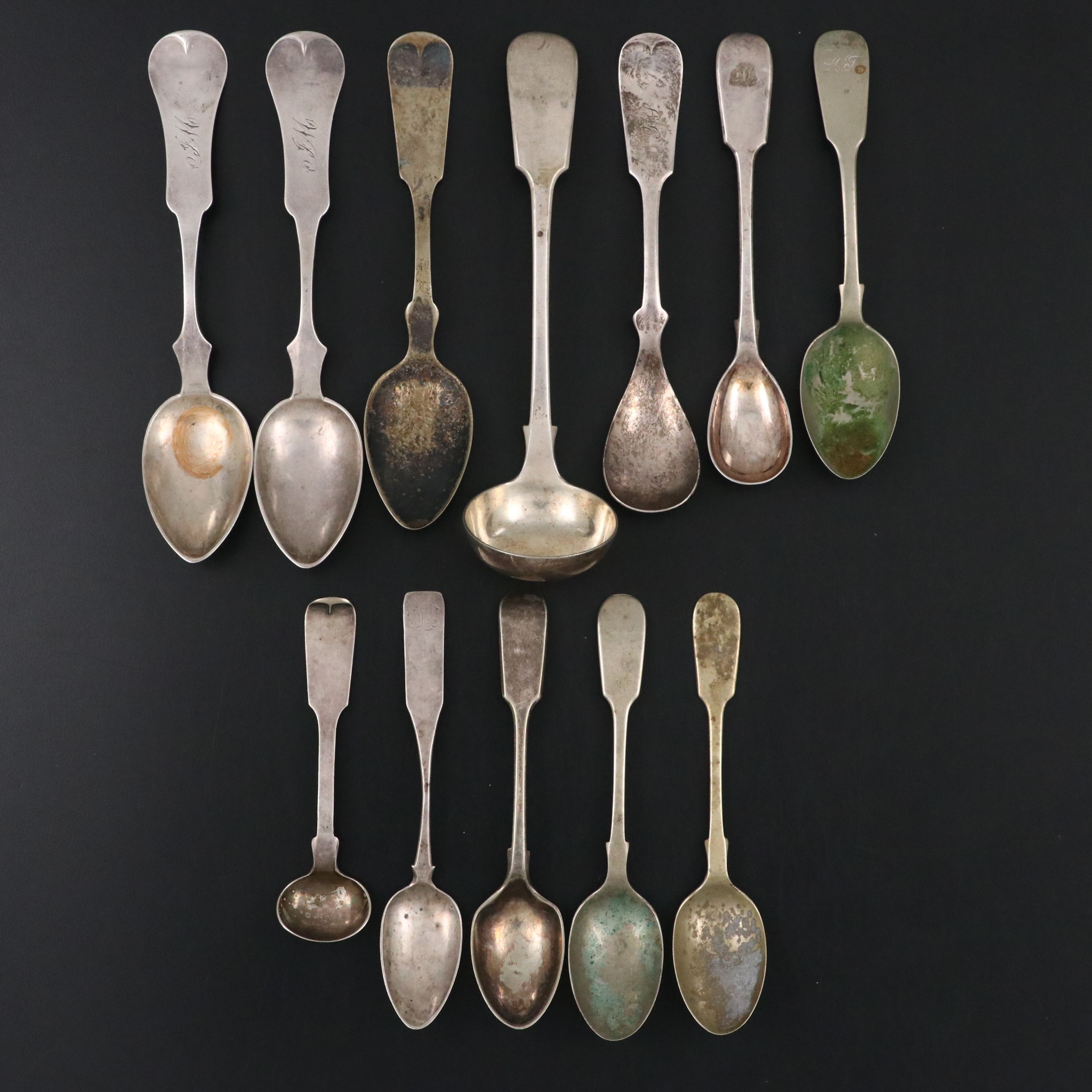 American Coin Silver and Other Fiddle Handled Spoons, 19th Century