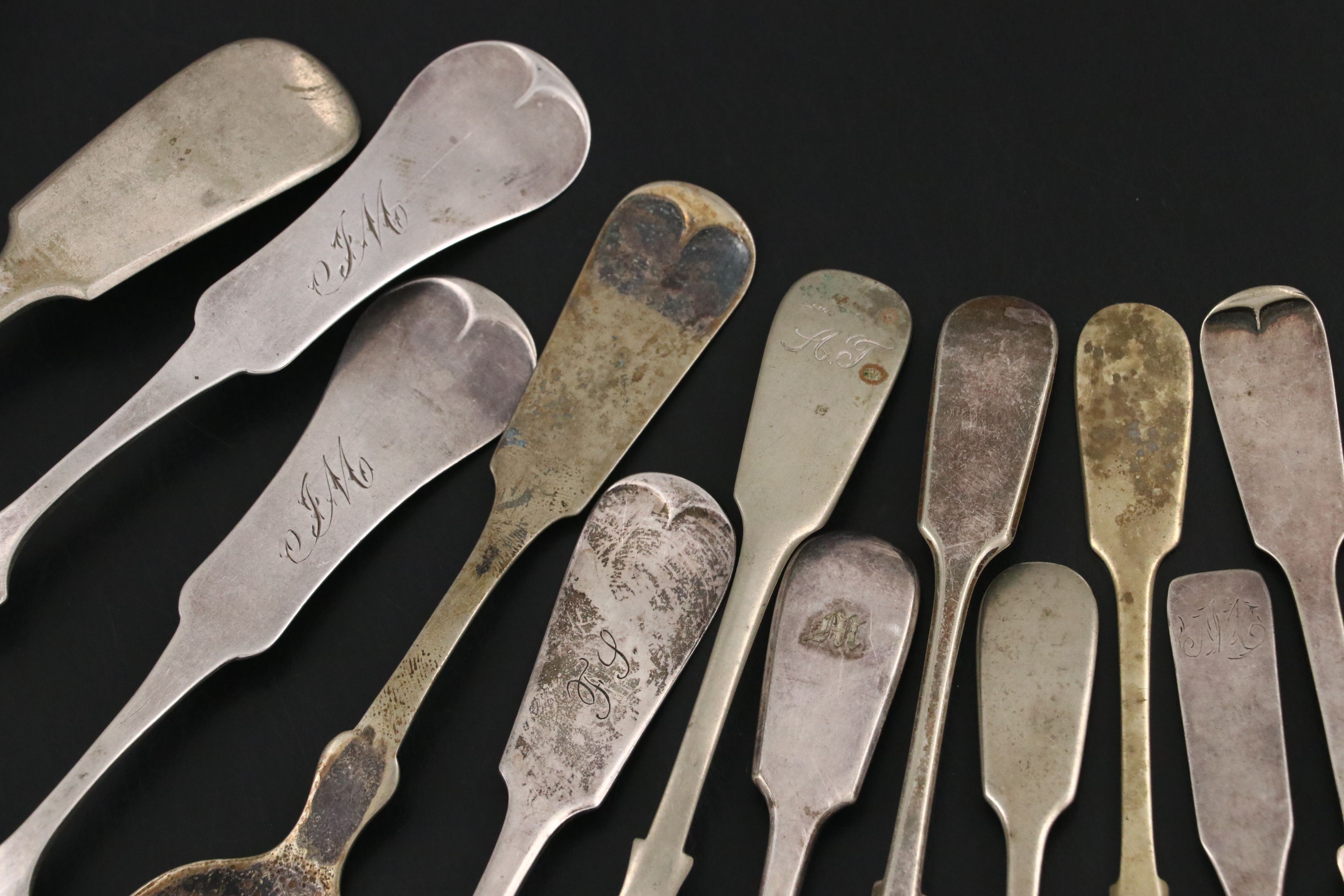 American Coin Silver and Other Fiddle Handled Spoons, 19th Century