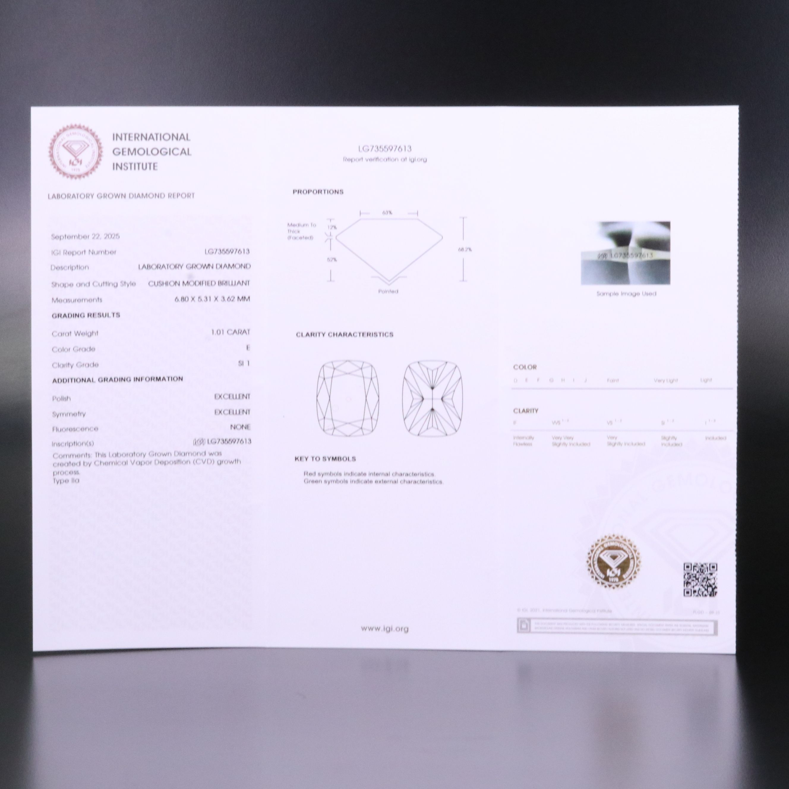 Loose 1.01 CT Lab Grown Diamond with IGI Report