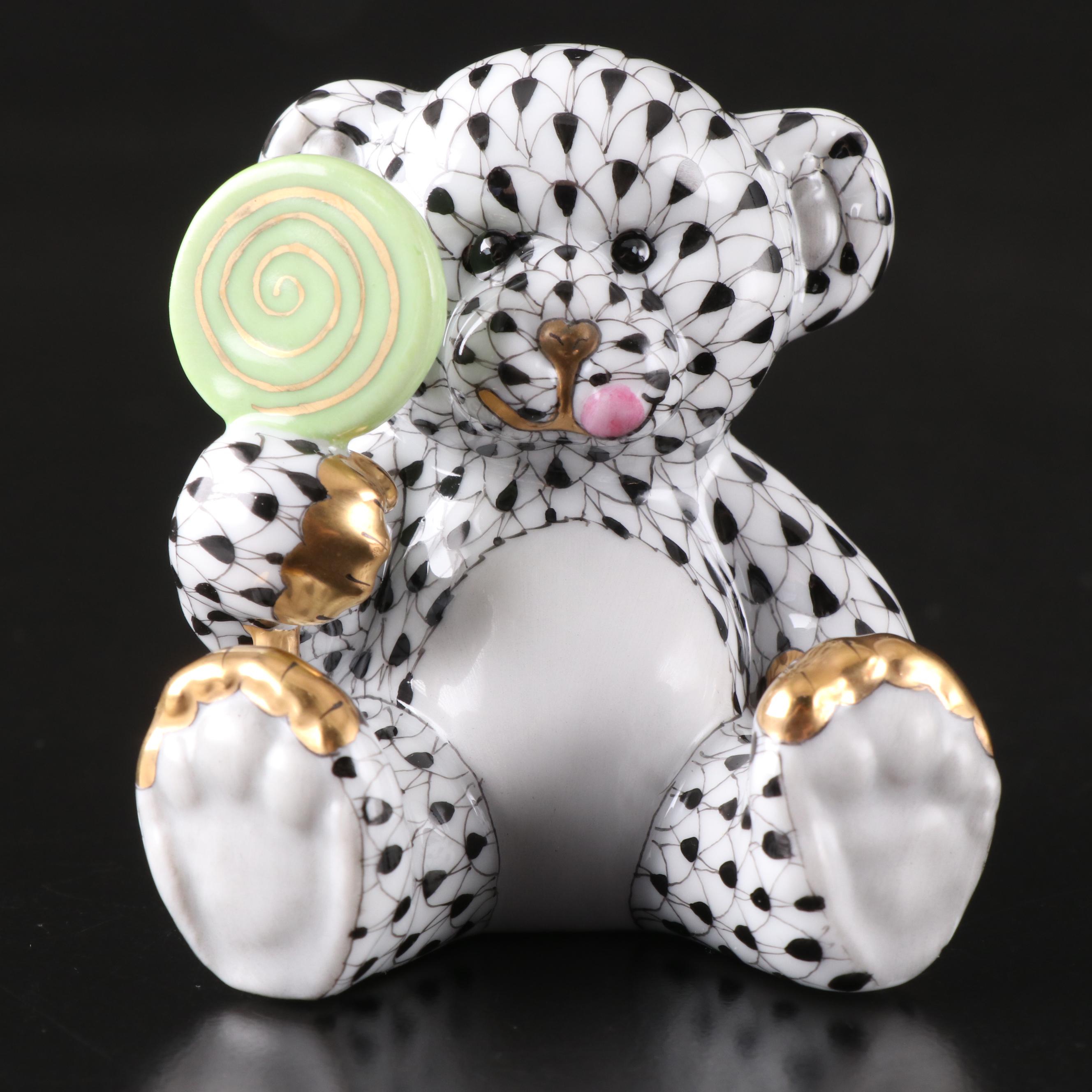 Herend Black Fishnet with Gold "Sweet Tooth Teddy" Porcelain Figurine