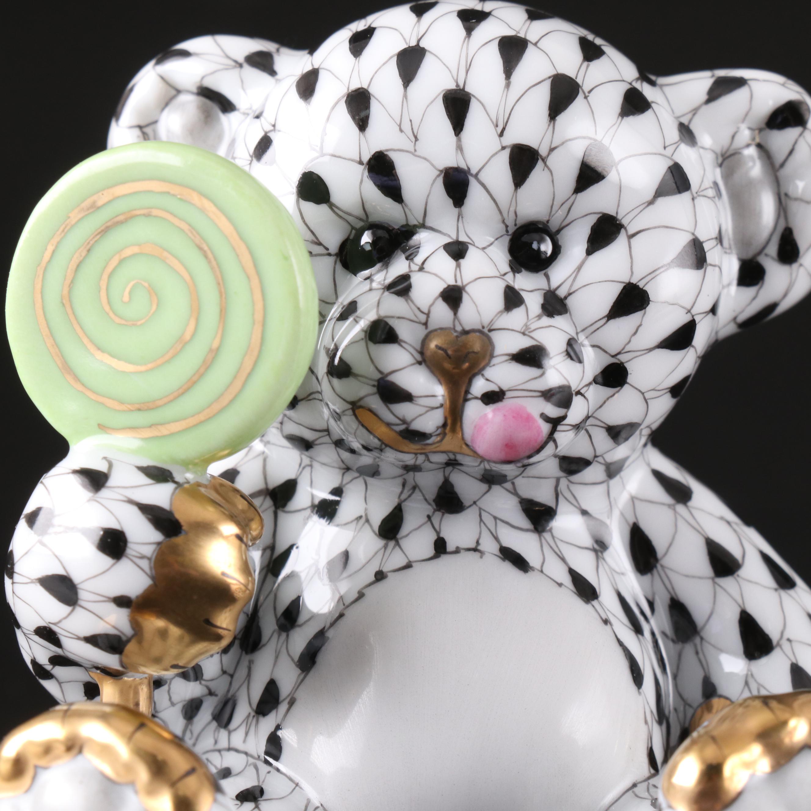 Herend Black Fishnet with Gold "Sweet Tooth Teddy" Porcelain Figurine