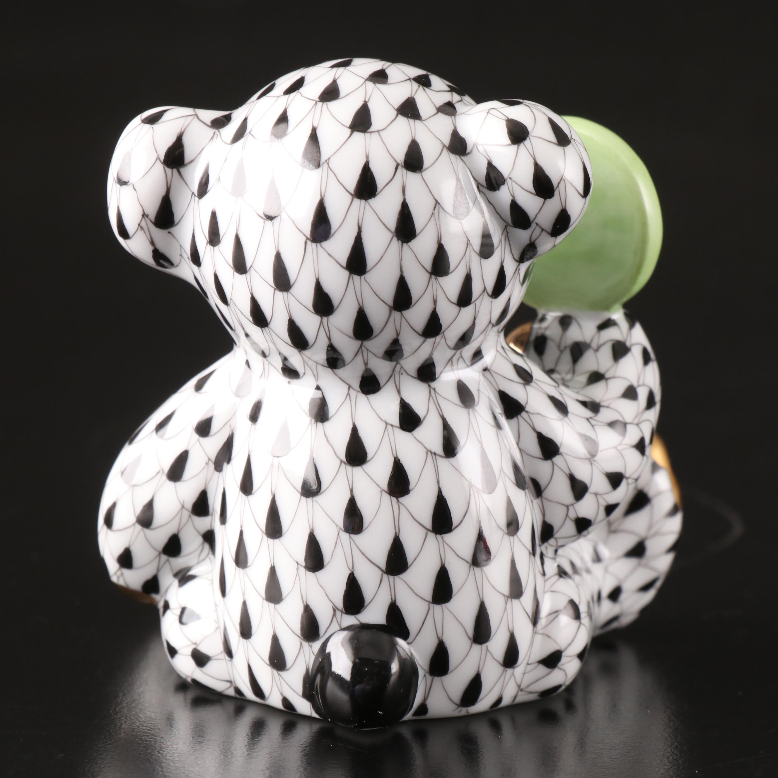 Herend Black Fishnet with Gold "Sweet Tooth Teddy" Porcelain Figurine