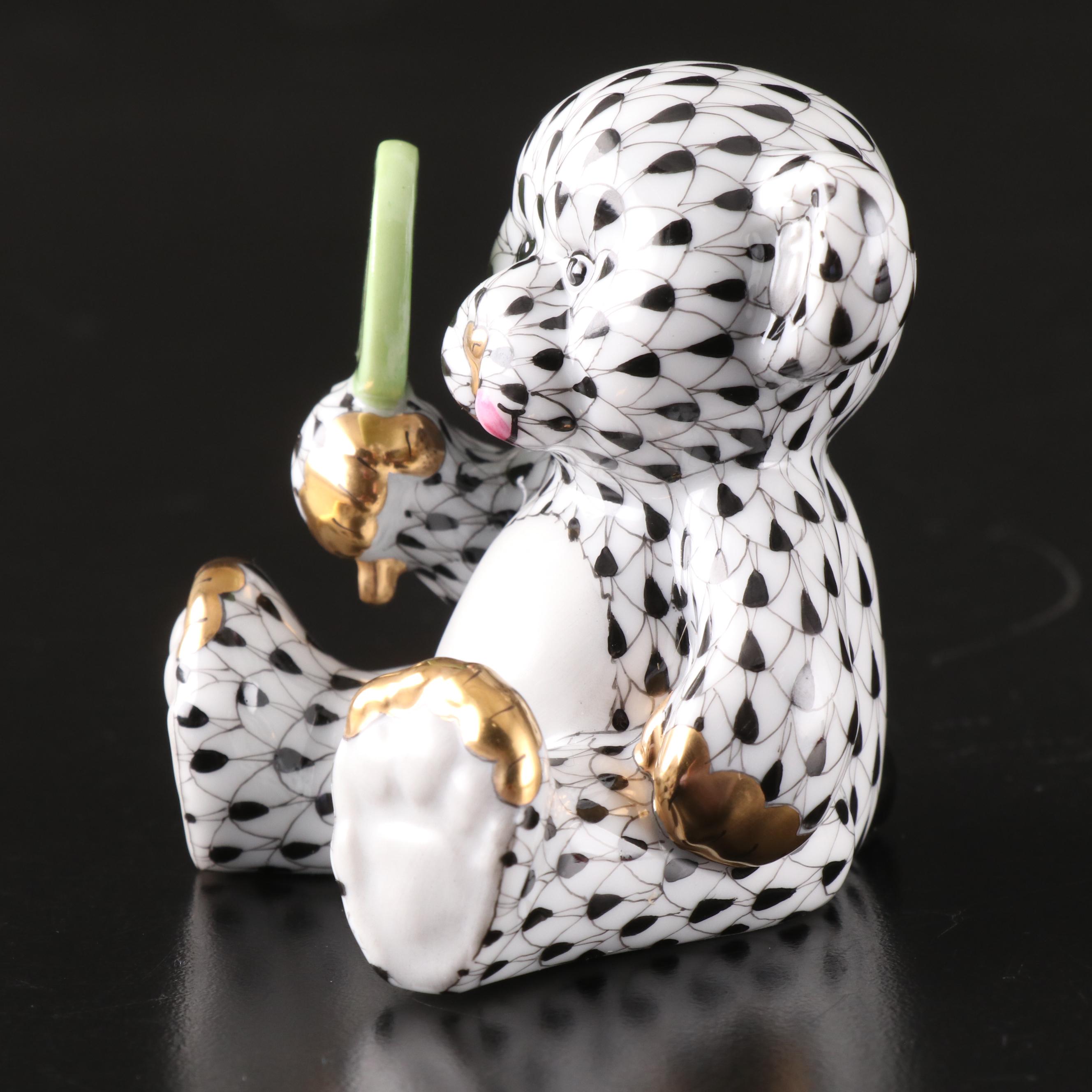 Herend Black Fishnet with Gold "Sweet Tooth Teddy" Porcelain Figurine
