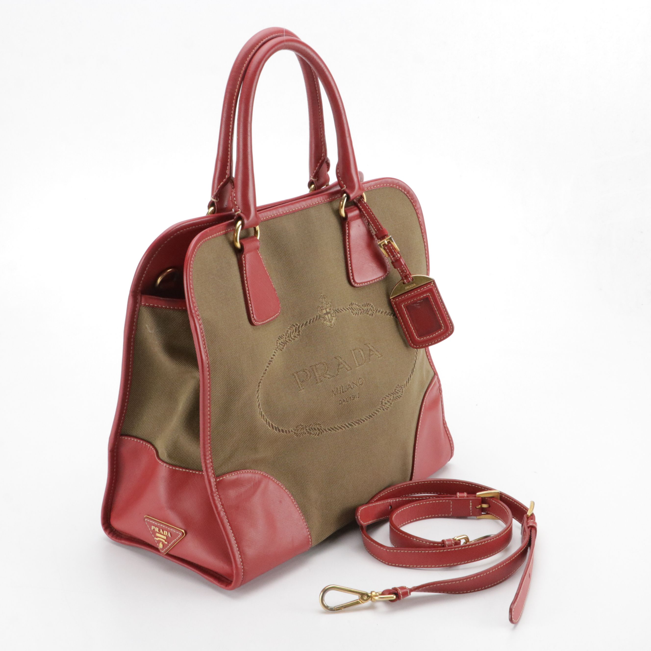 Prada Brown Canapa Logo Canvas and Red Saffiano Leather Two-Way Tote
