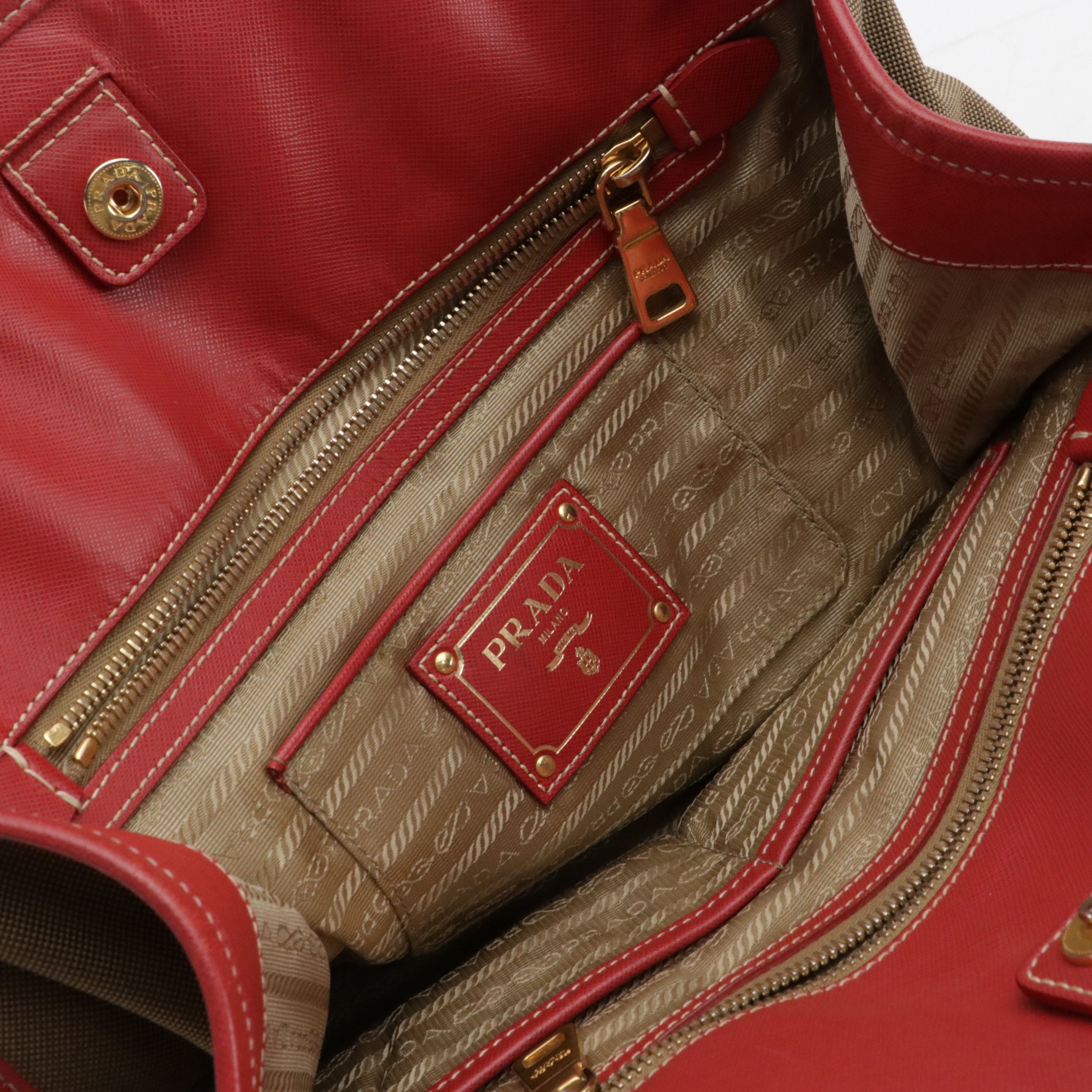 Prada Brown Canapa Logo Canvas and Red Saffiano Leather Two-Way Tote