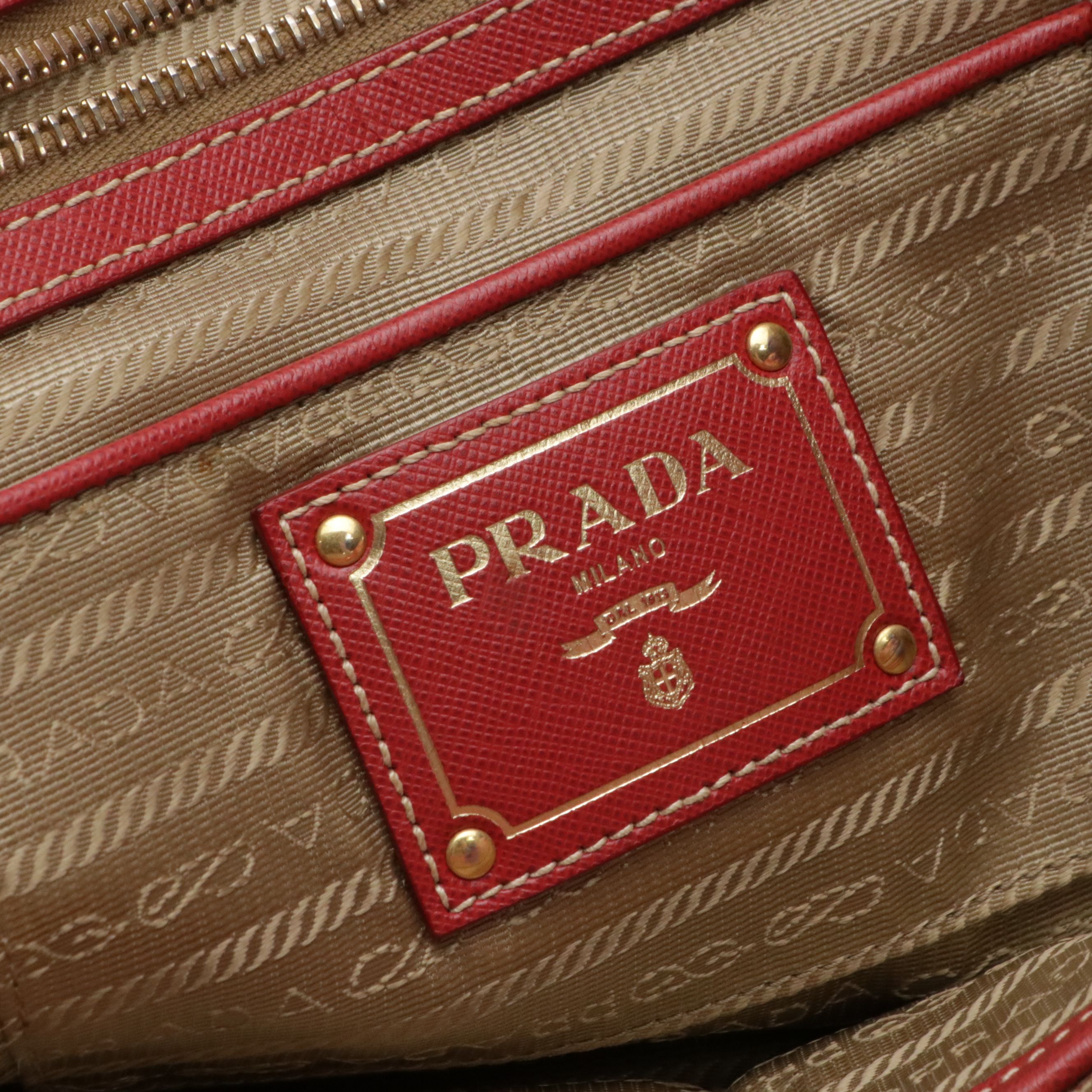 Prada Brown Canapa Logo Canvas and Red Saffiano Leather Two-Way Tote