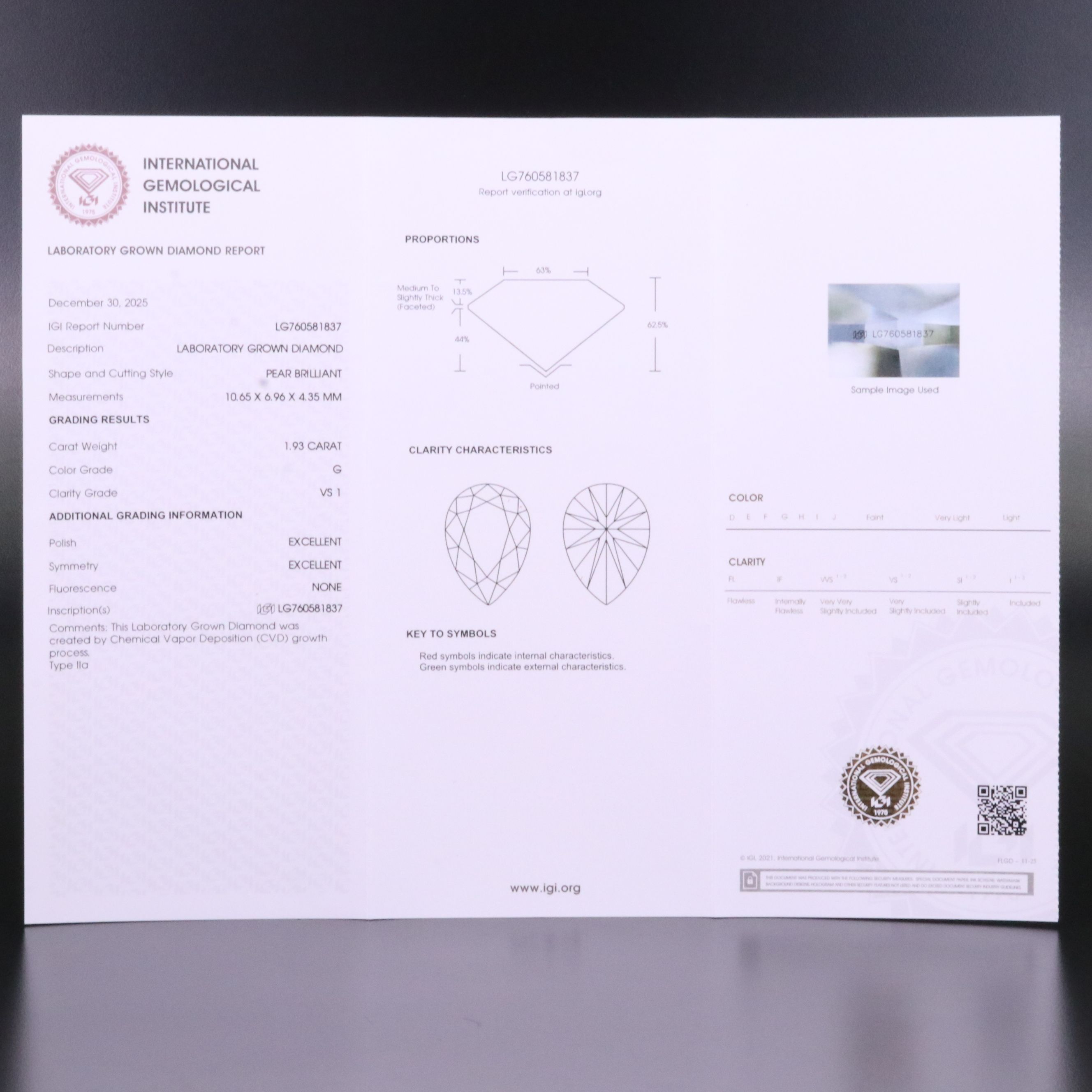 Loose 1.93 CT Lab Grown Diamond with IGI Report