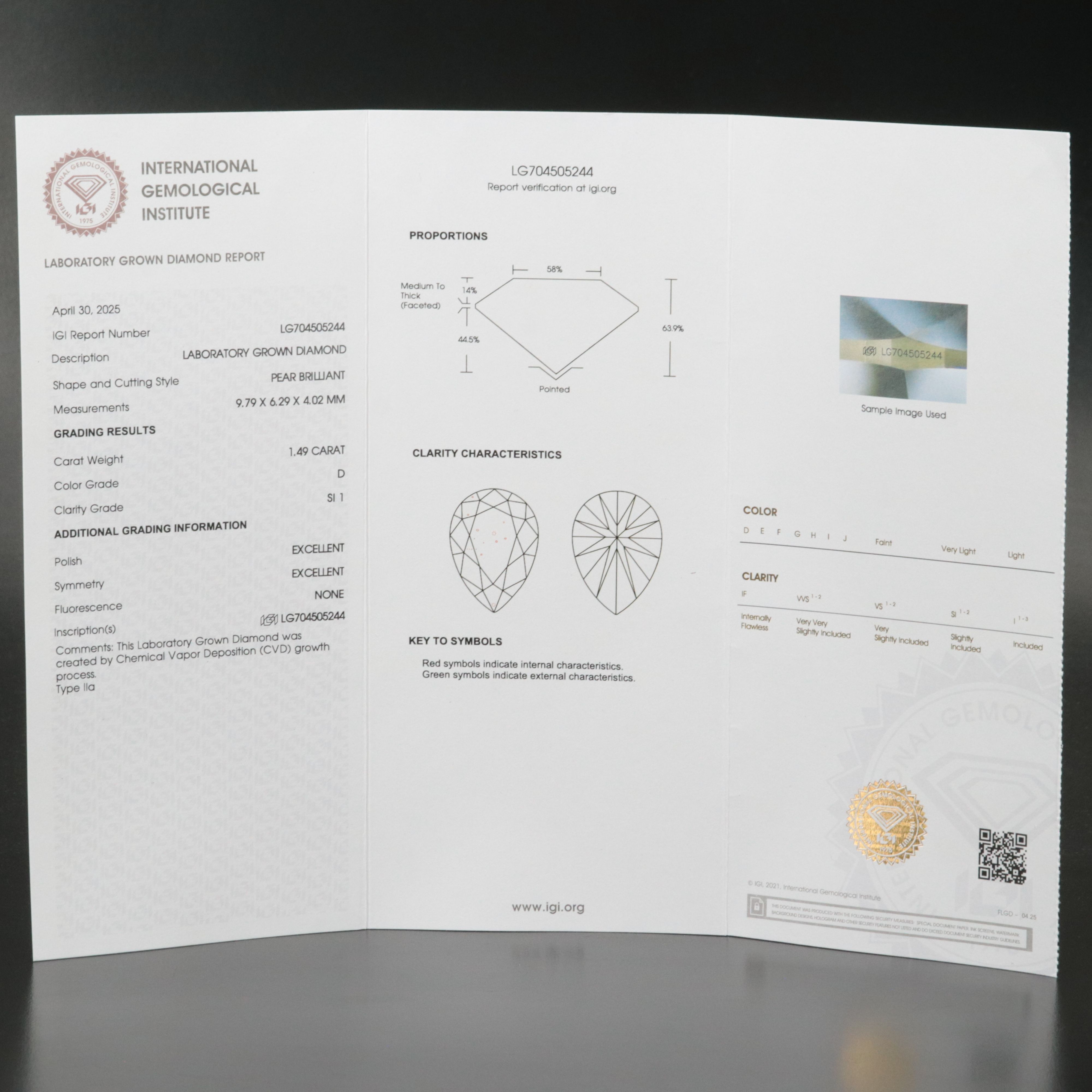 Loose 1.49 CT Lab Grown Diamond with IGI Report