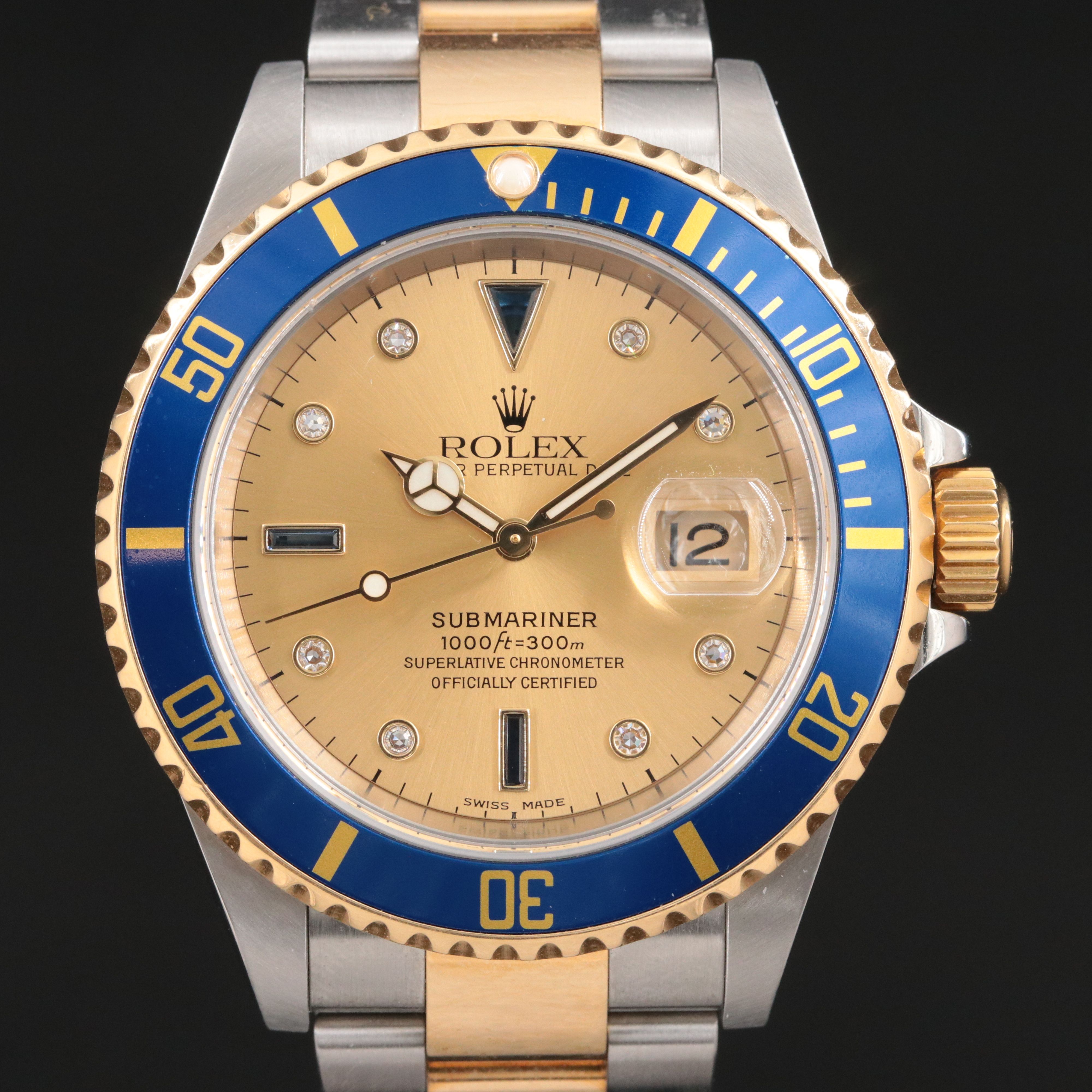 2005 Rolex Submariner 18K/Steel Seriti Diamonds & Sapphires Champagne Dial Watch