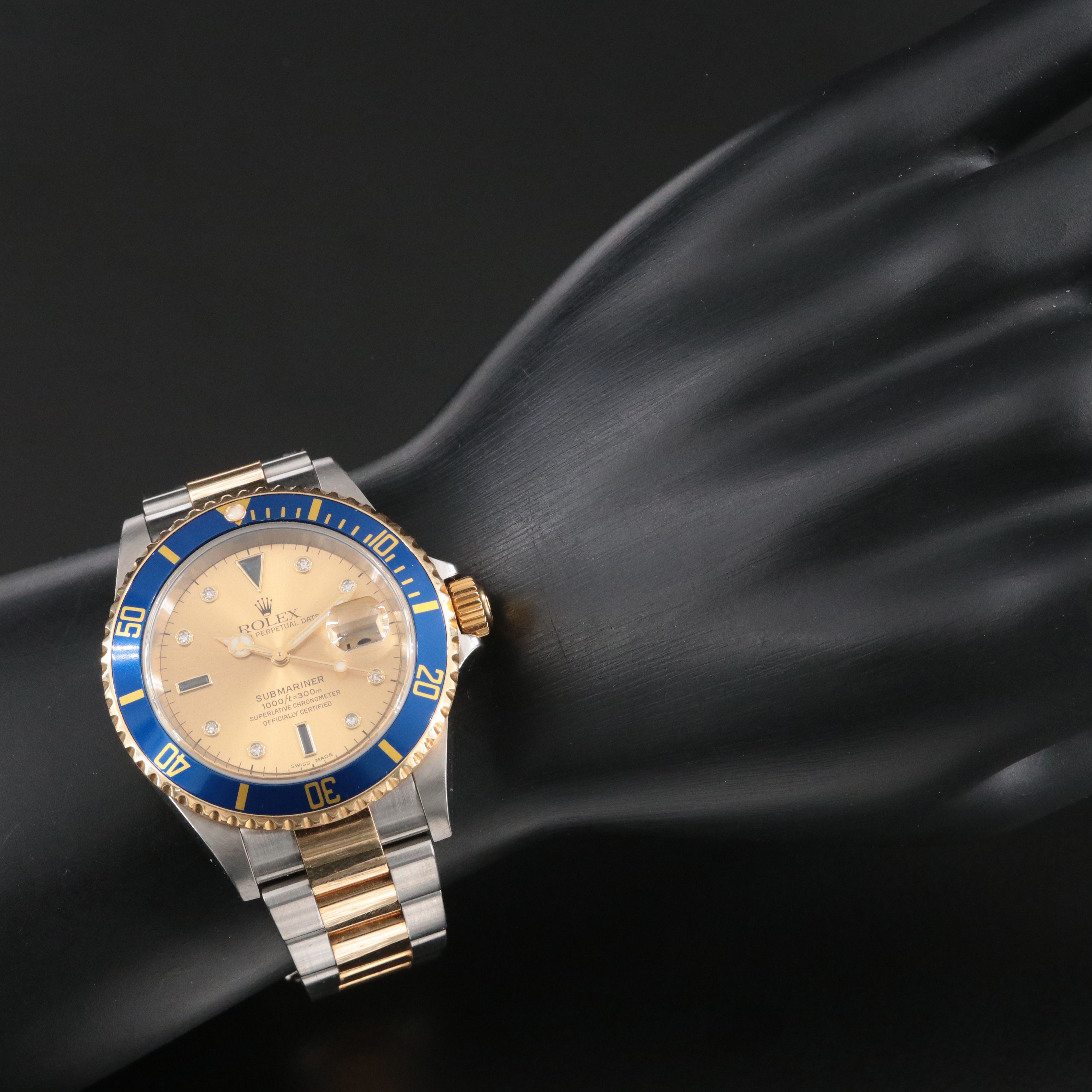 2005 Rolex Submariner 18K/Steel Seriti Diamonds & Sapphires Champagne Dial Watch