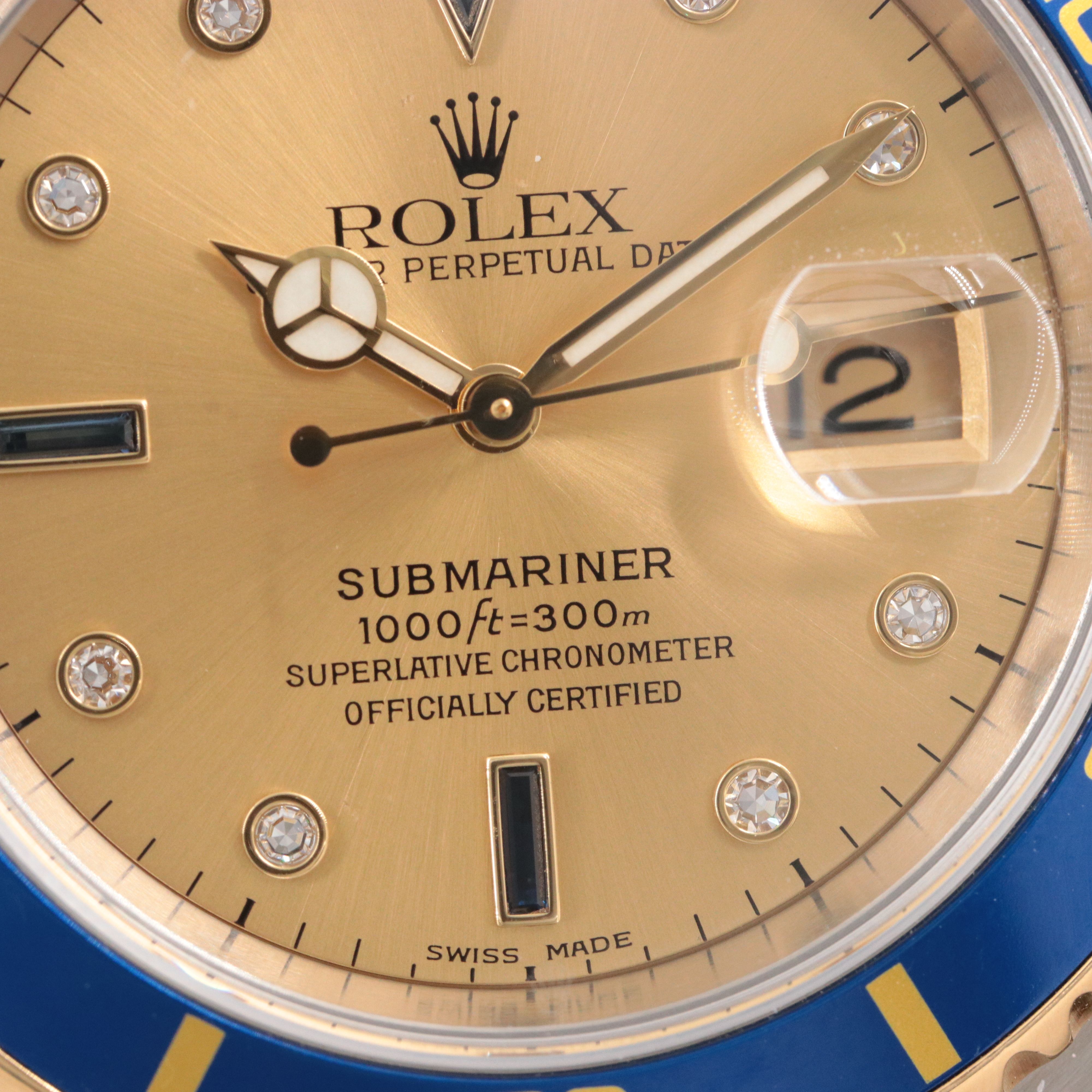 2005 Rolex Submariner 18K/Steel Seriti Diamonds & Sapphires Champagne Dial Watch