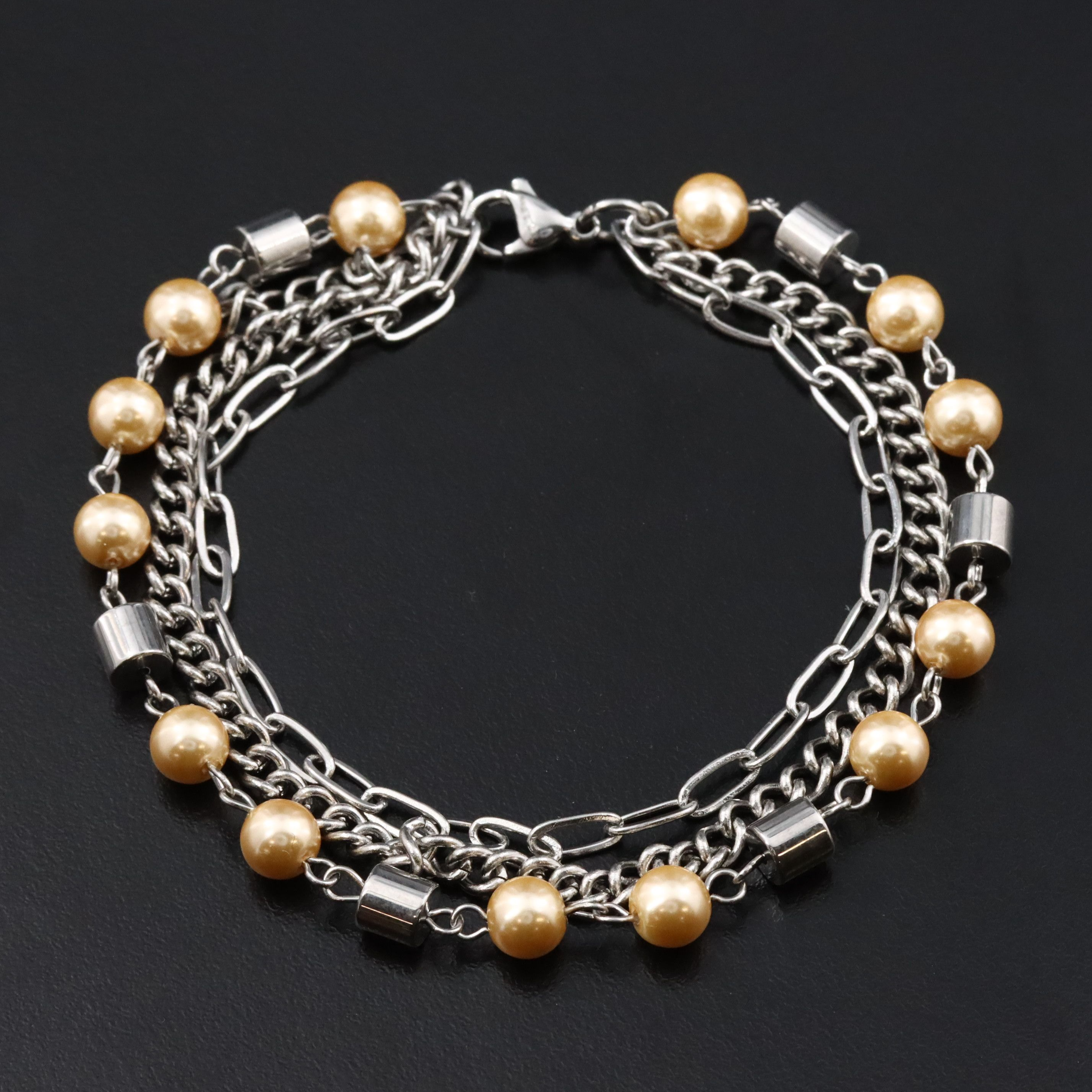 Stainless Steel Faux Pearl Triple Strand Bracelet