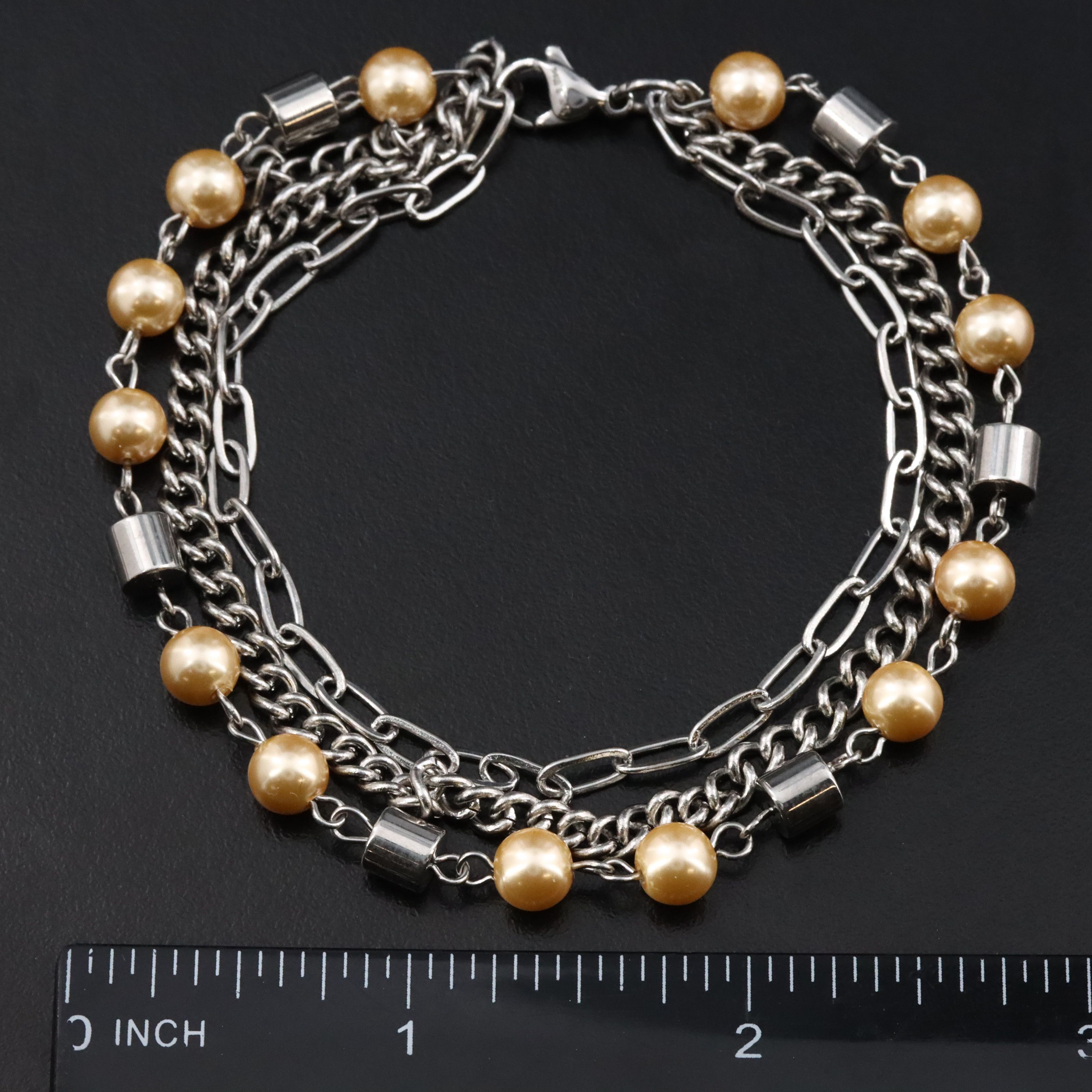 Stainless Steel Faux Pearl Triple Strand Bracelet