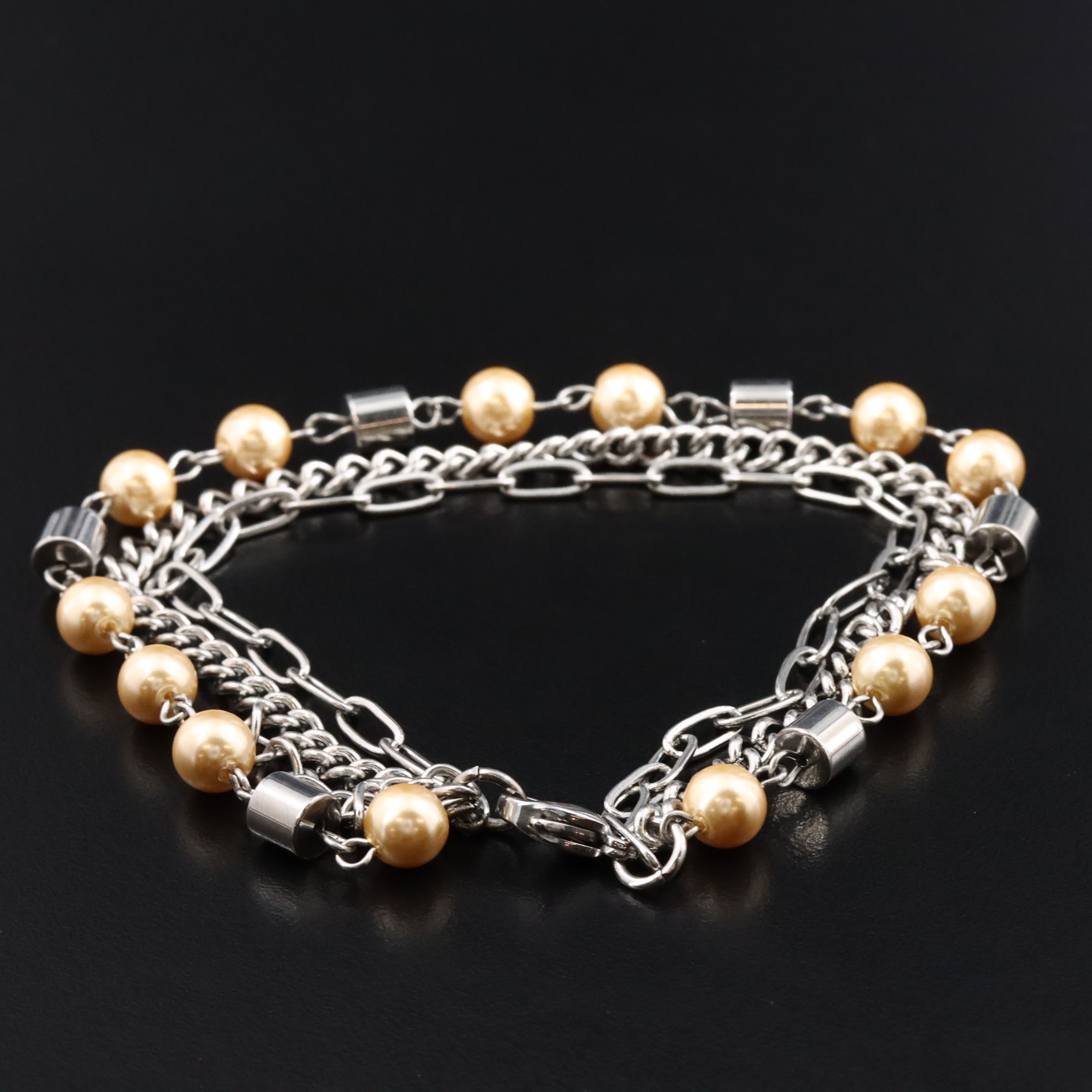 Stainless Steel Faux Pearl Triple Strand Bracelet