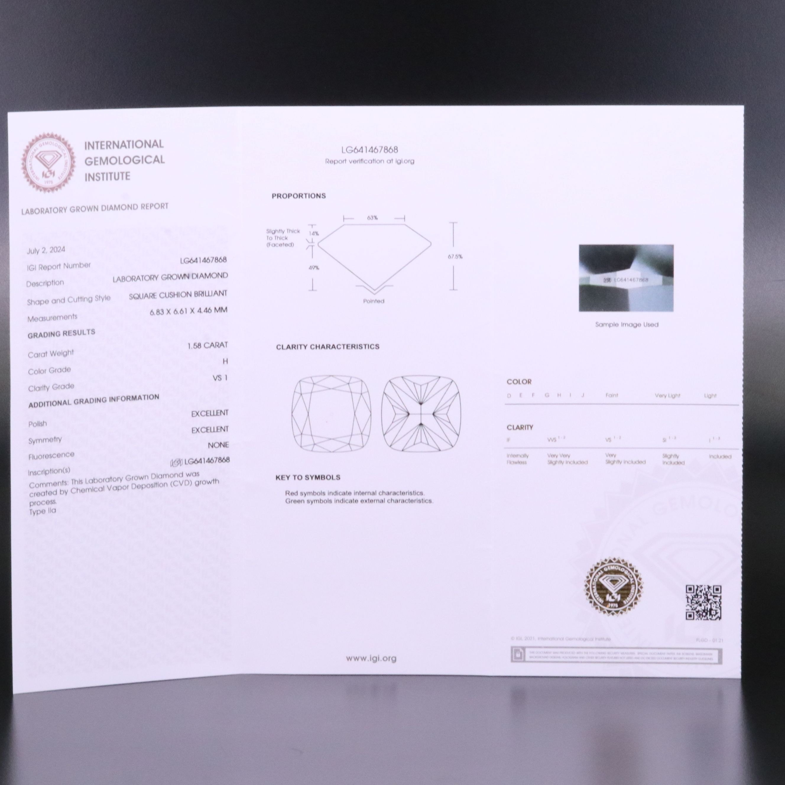 Loose 1.58 CT Lab Grown Diamond with IGI Report