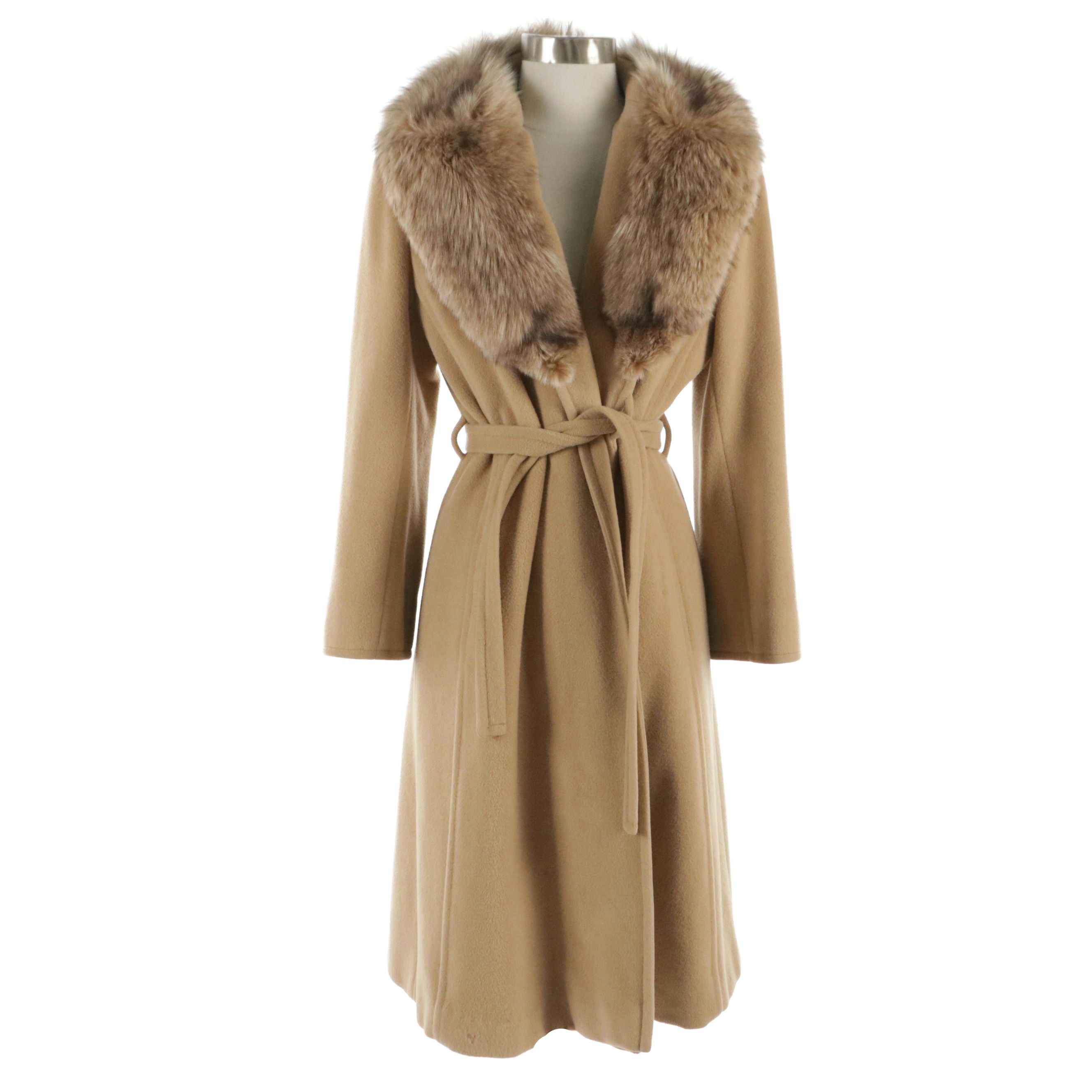 Sincerely Gidding Jenny Tan Merino Wool Belted Coat with Fox Fur Trim