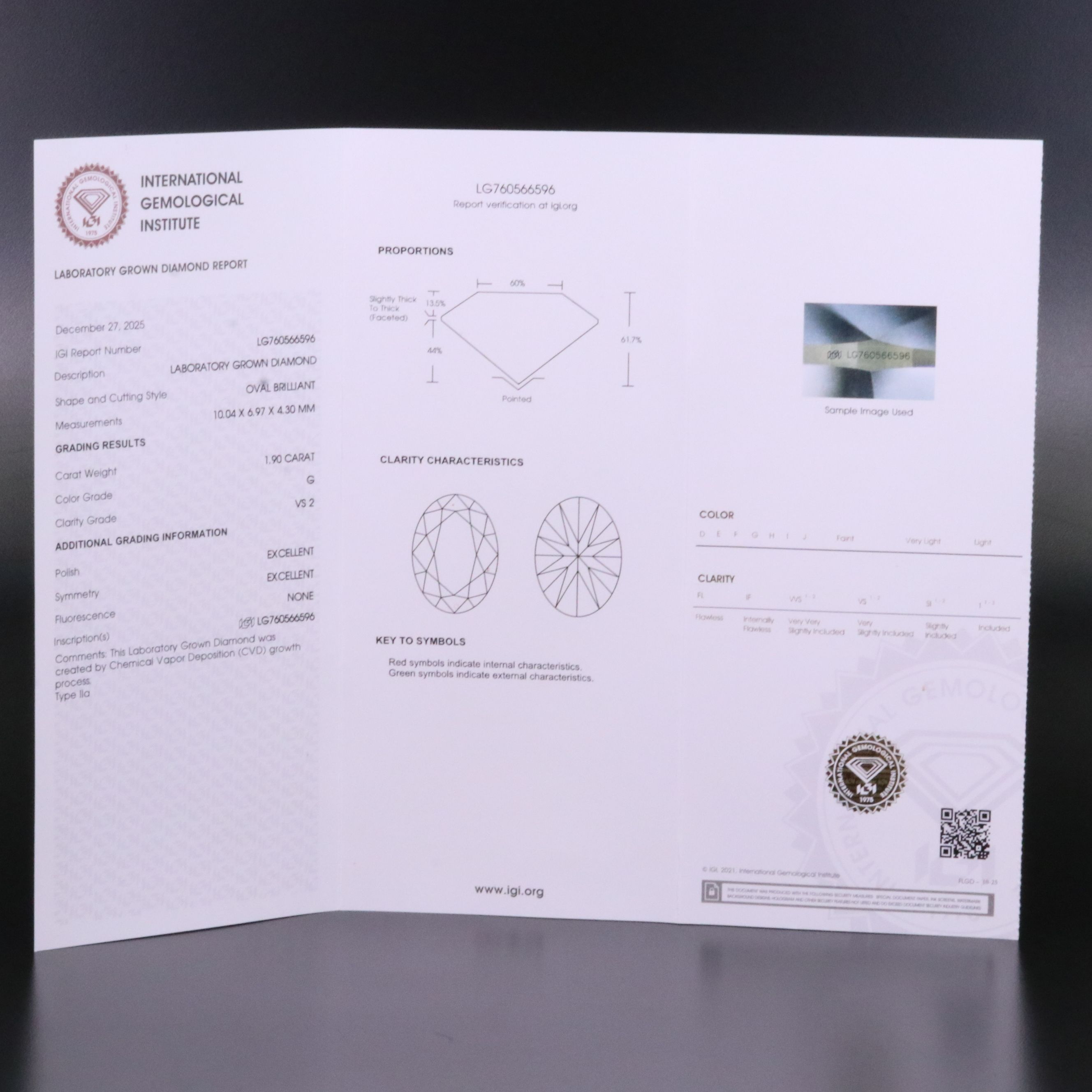 Loose 1.90 CT Lab Grown Diamond with IGI Report