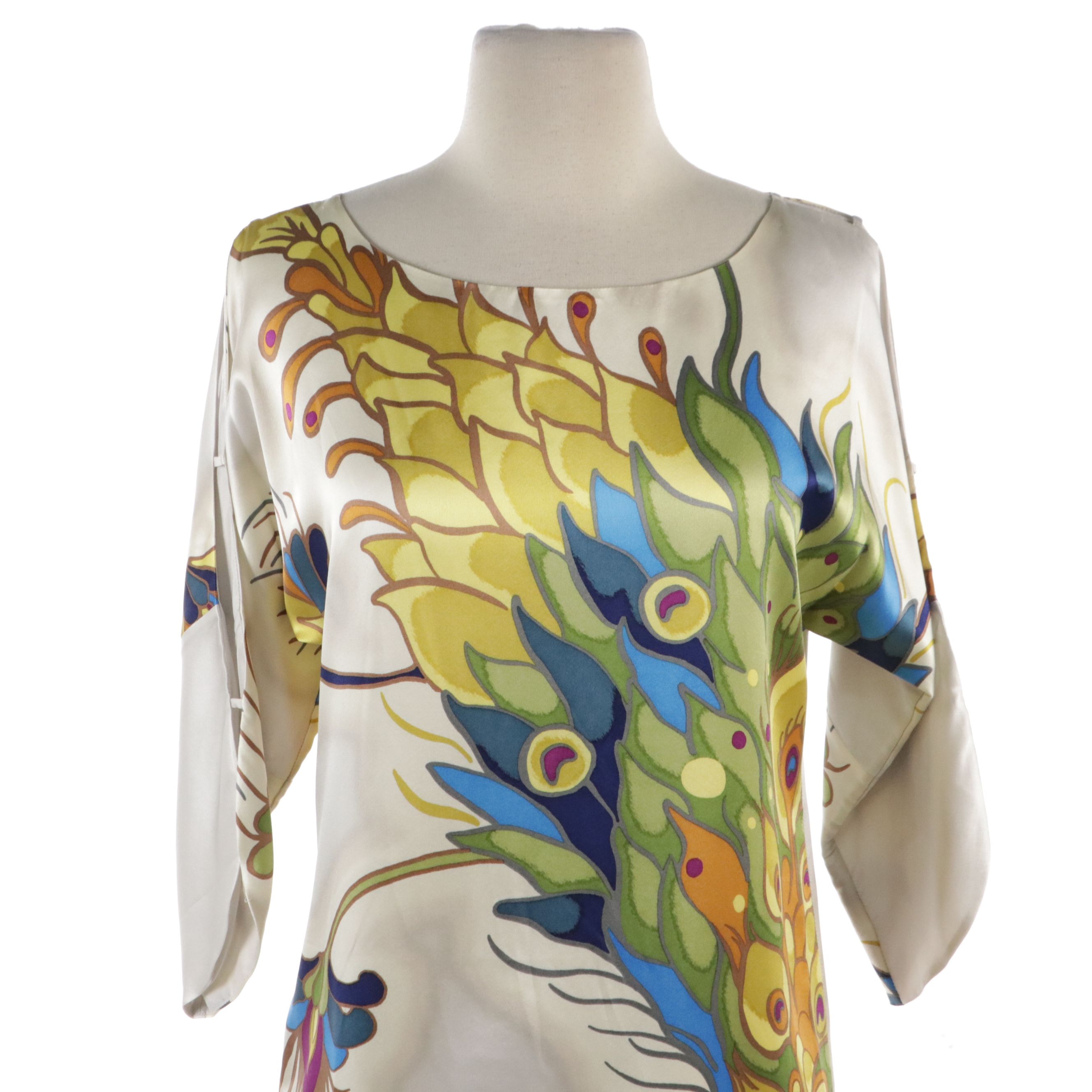 Tibi Peacock Print Silk Dress and Alexandra Bartlett Plissé Silk Button-Up Shirt