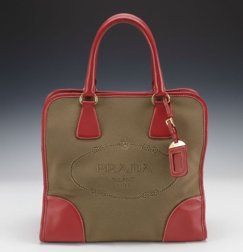 Prada Brown Canapa Logo Canvas and Red Saffiano Leather Two-Way Tote