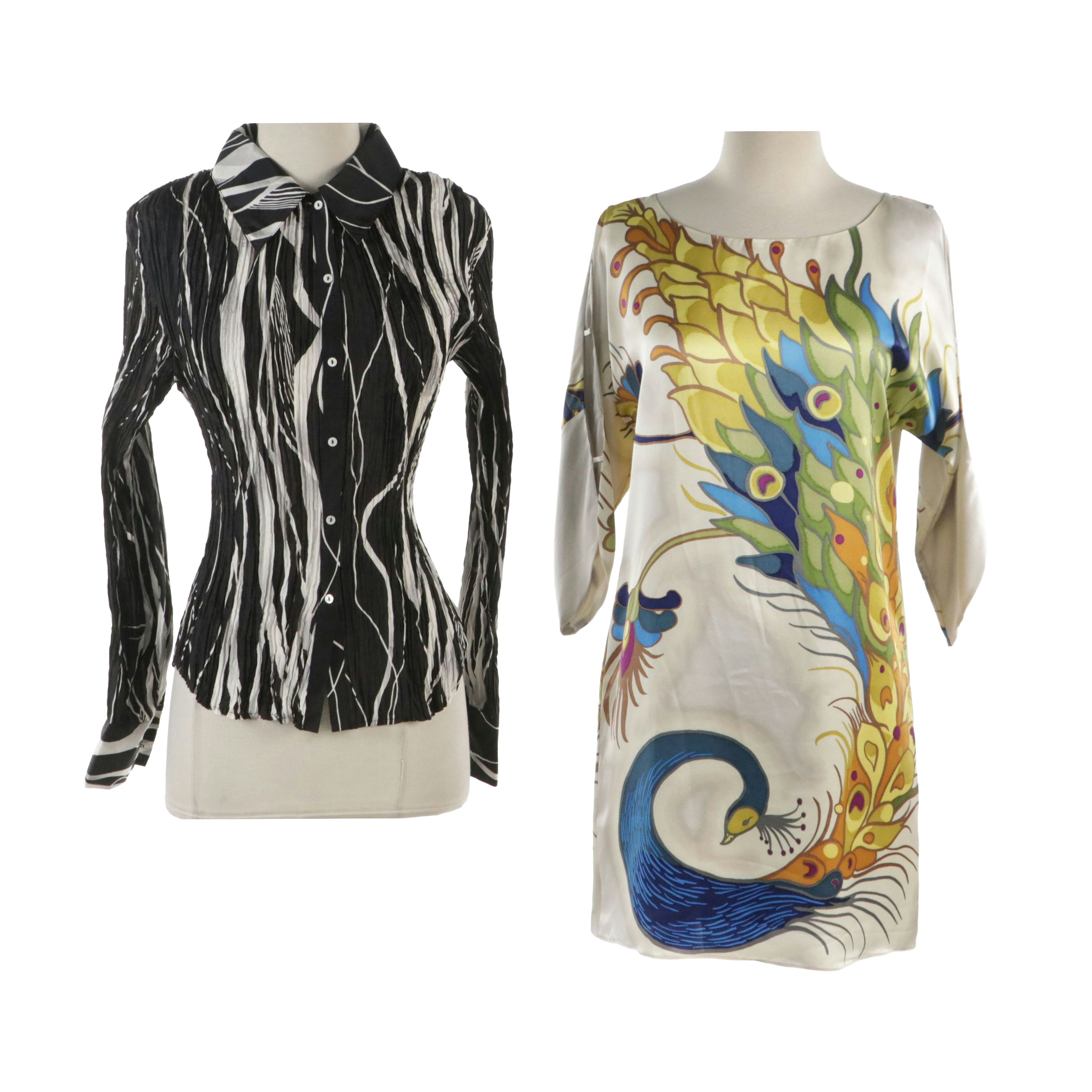 Tibi Peacock Print Silk Dress and Alexandra Bartlett Plissé Silk Button-Up Shirt