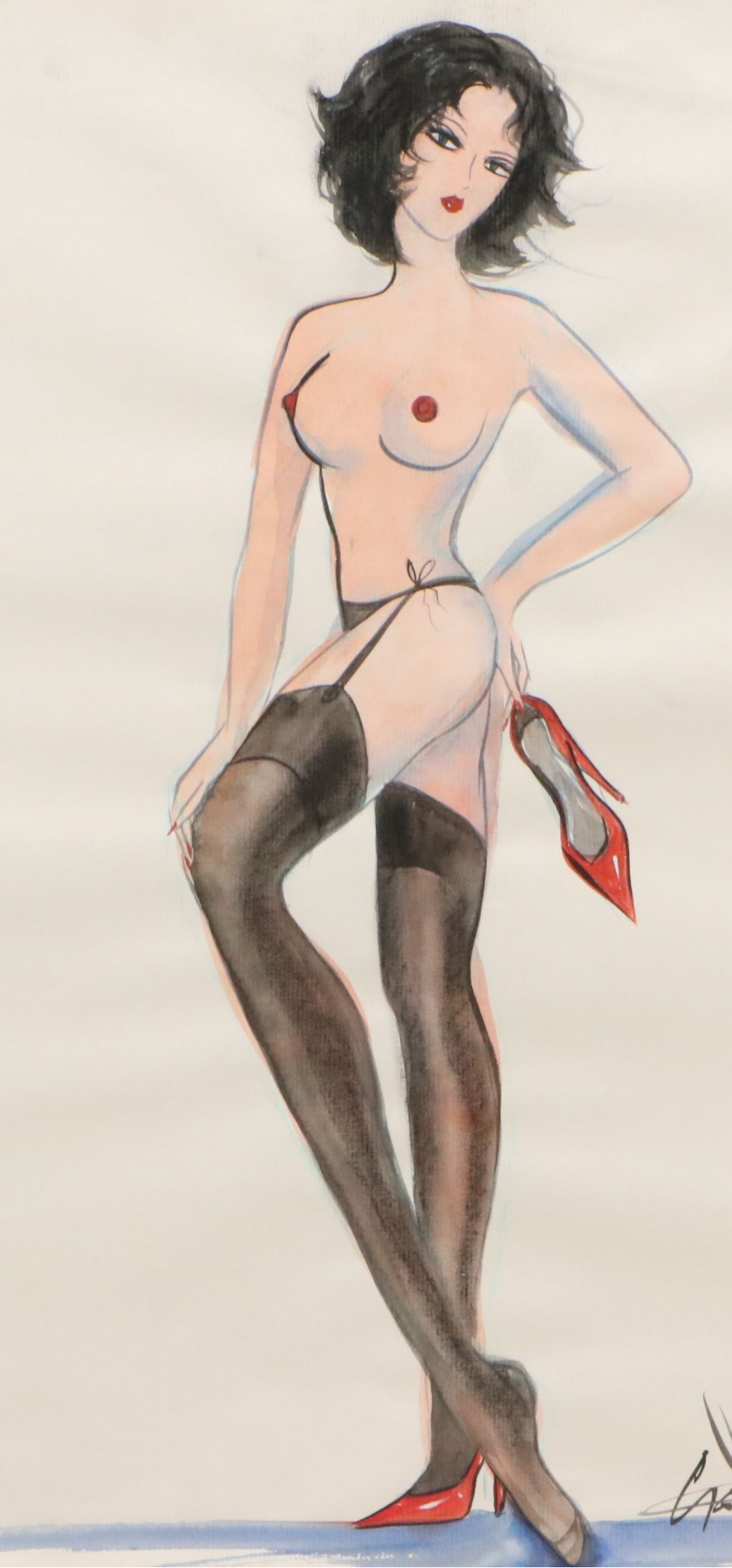 Terry Cramolini Watercolor Painting of Femme Fatale Nude, Circa 2000